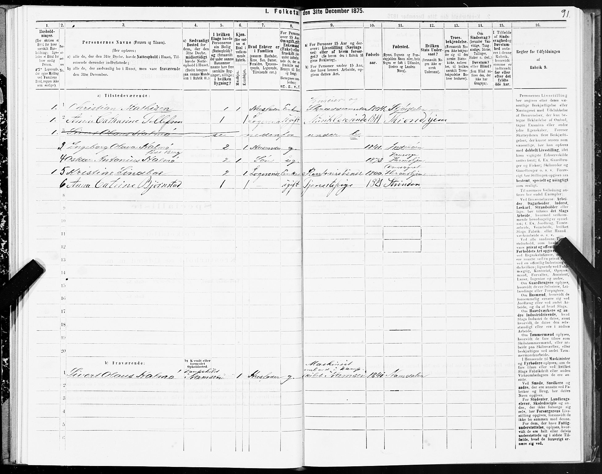 SAT, 1875 census for 1601 Trondheim, 1875, p. 1091