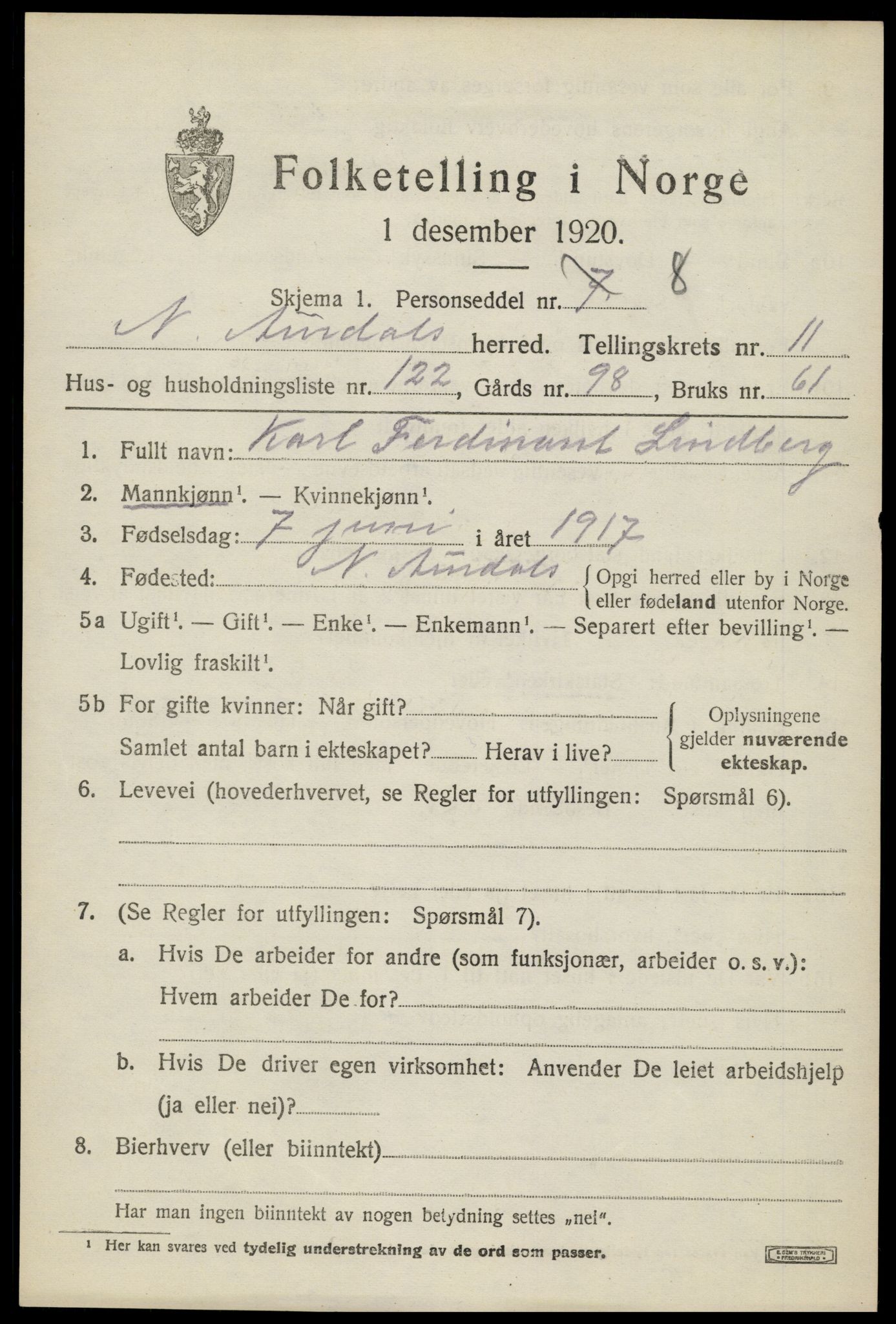 SAH, 1920 census for Nord-Aurdal, 1920, p. 9880