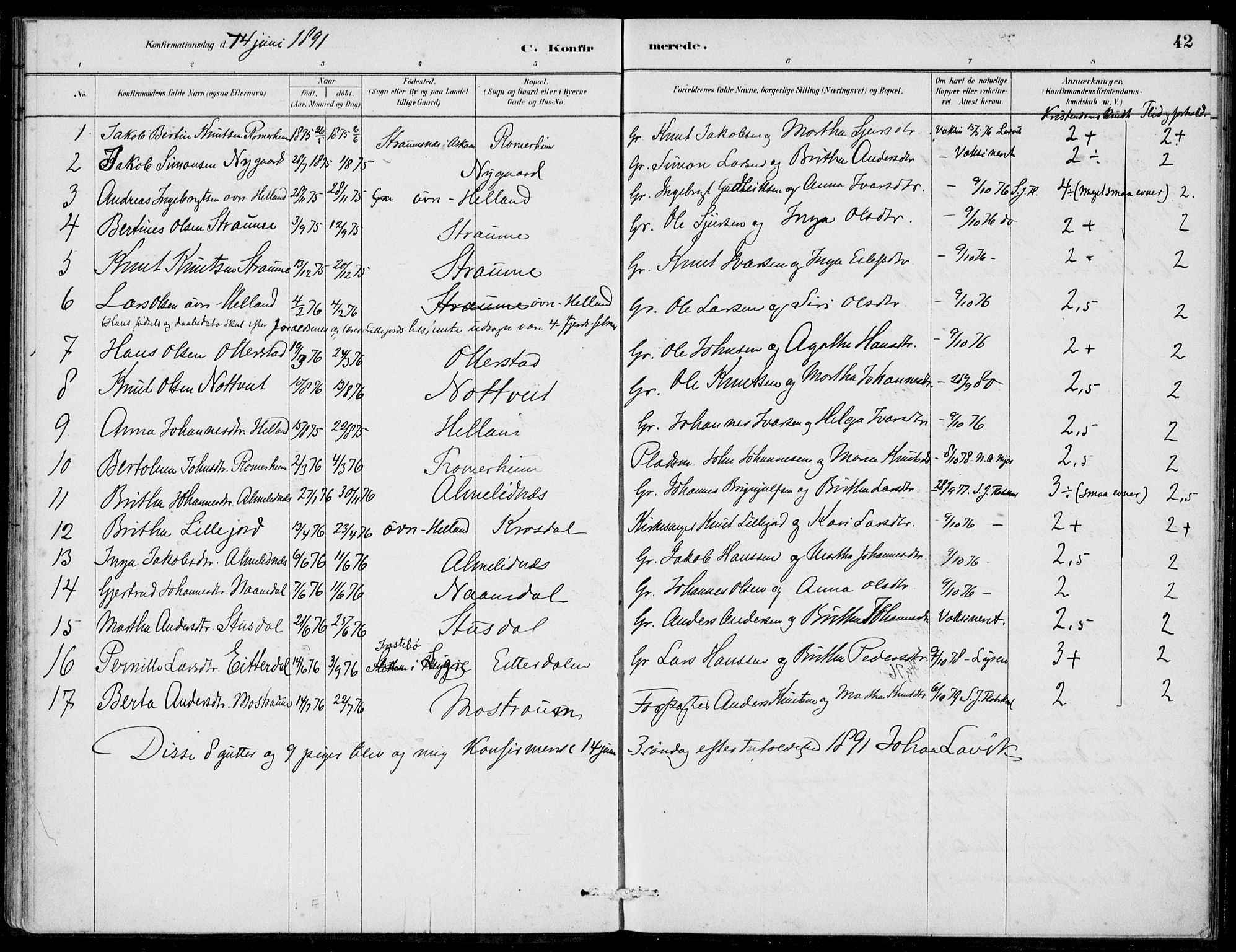 Hosanger sokneprestembete, SAB/A-75801/H/Haa: Parish register (official) no. C  1, 1880-1900, p. 42