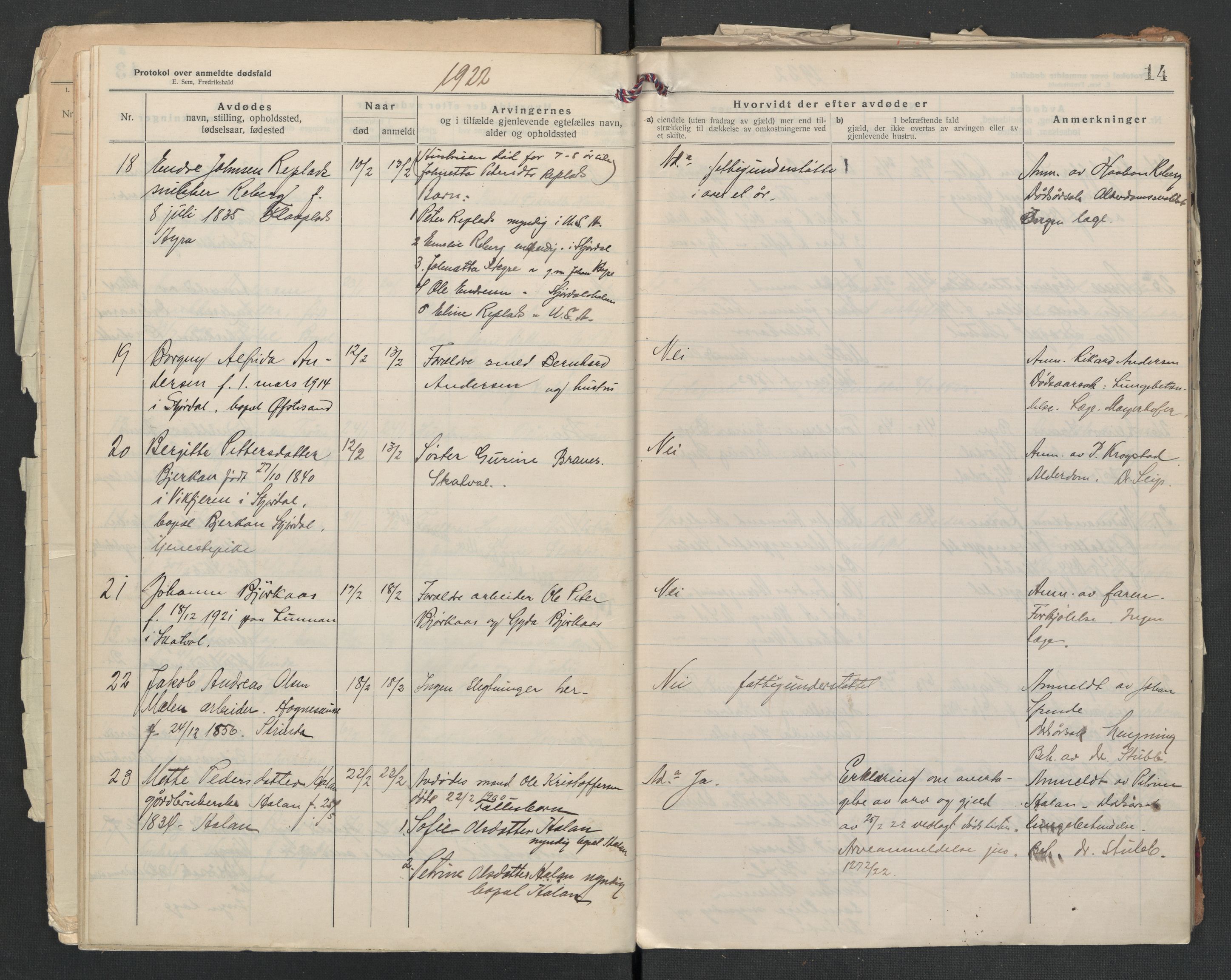 Nedre Stjørdal lensmannskontor, AV/SAT-A-1044/02/L0005: 2.01.05 Dødsfallsprotokoller, 1921-1928, p. 14