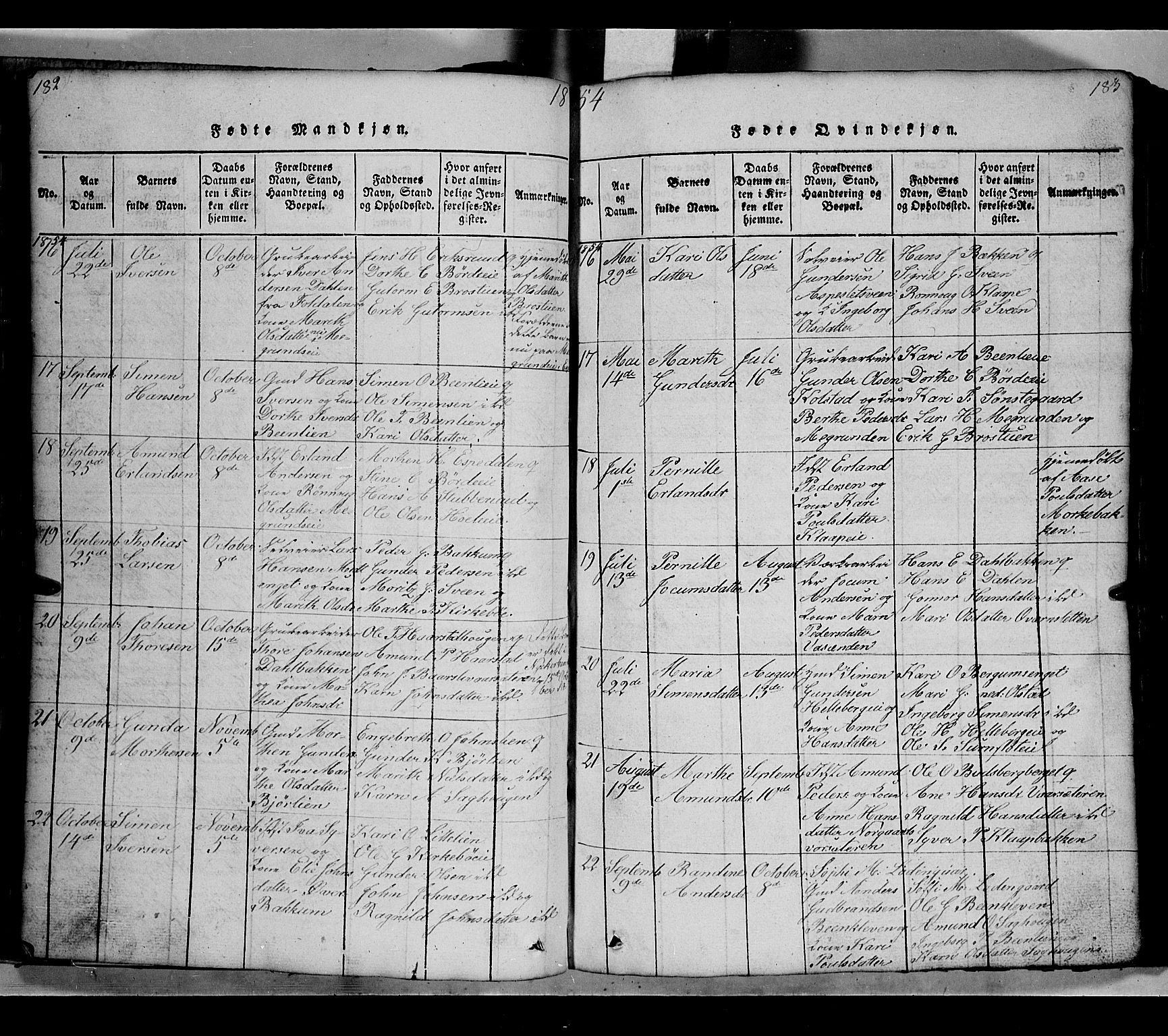Gausdal prestekontor, SAH/PREST-090/H/Ha/Hab/L0002: Parish register (copy) no. 2, 1818-1874, p. 182-183