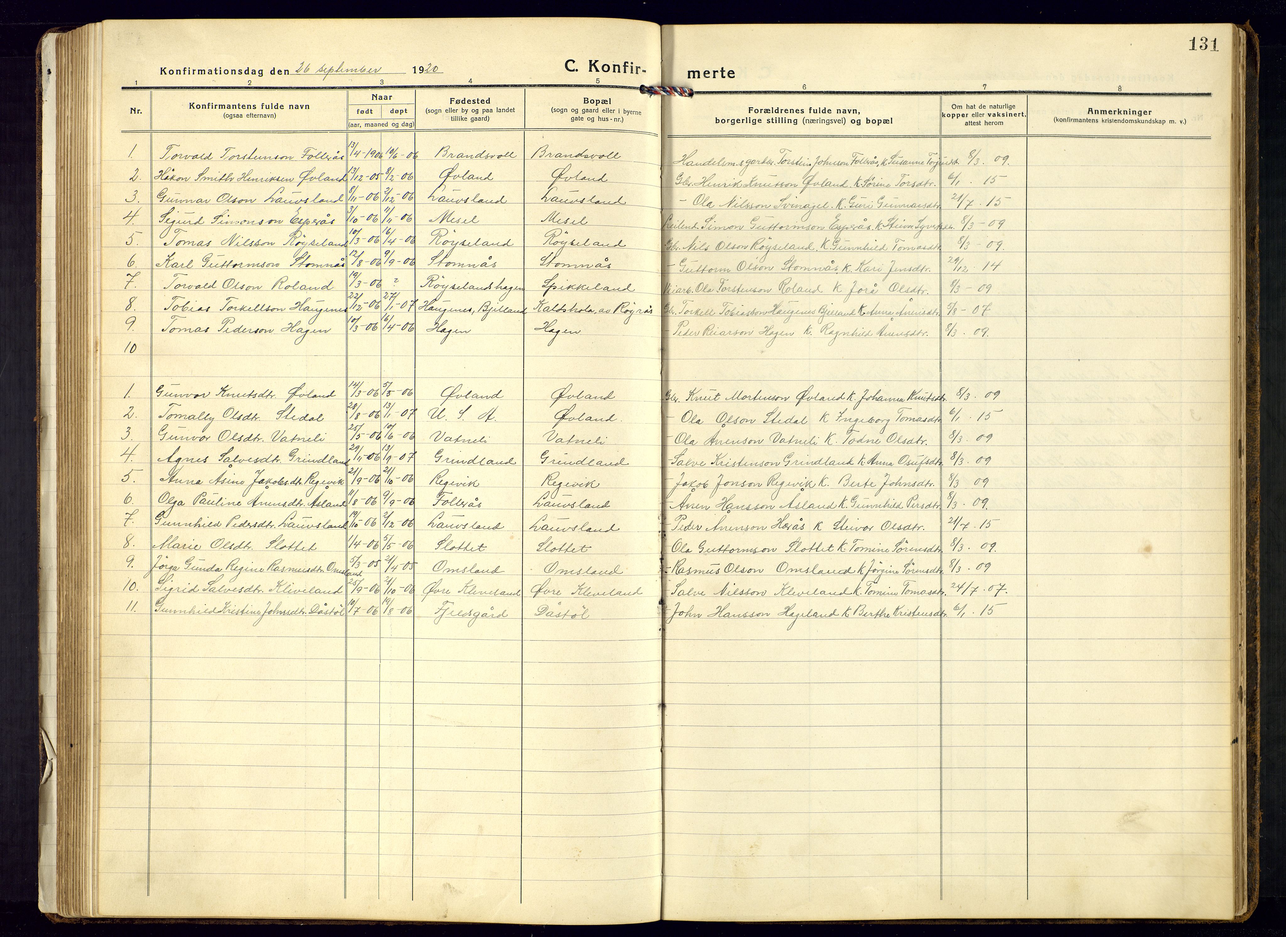 Bjelland sokneprestkontor, SAK/1111-0005/F/Fb/Fbb/L0006: Parish register (copy) no. B-6, 1918-1946, p. 131