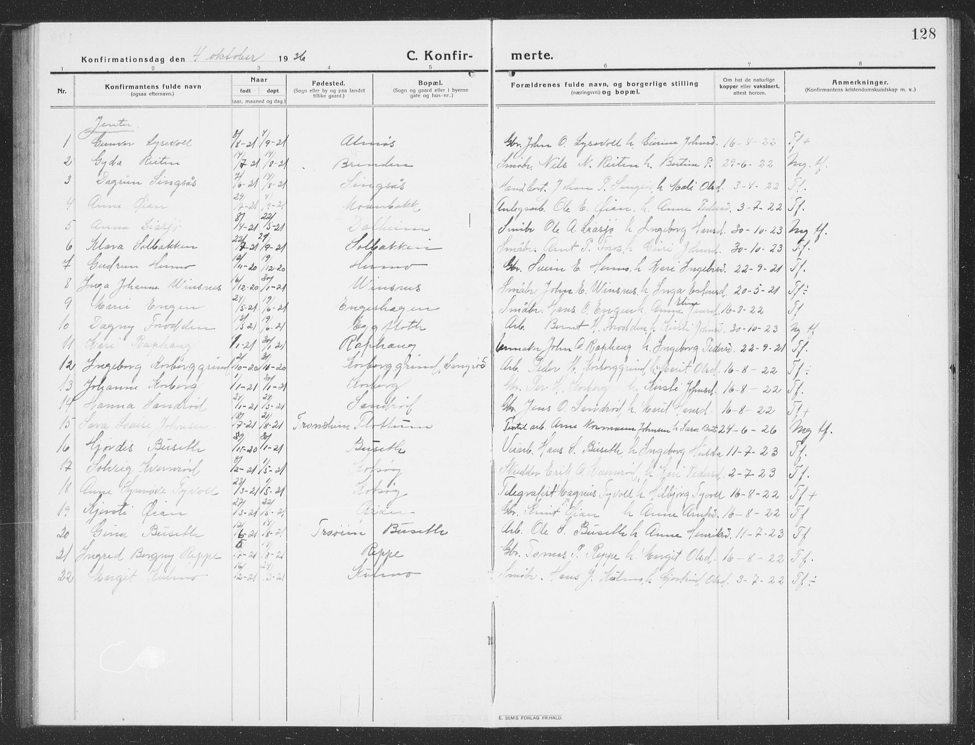 Ministerialprotokoller, klokkerbøker og fødselsregistre - Sør-Trøndelag, SAT/A-1456/688/L1030: Parish register (copy) no. 688C05, 1916-1939, p. 128