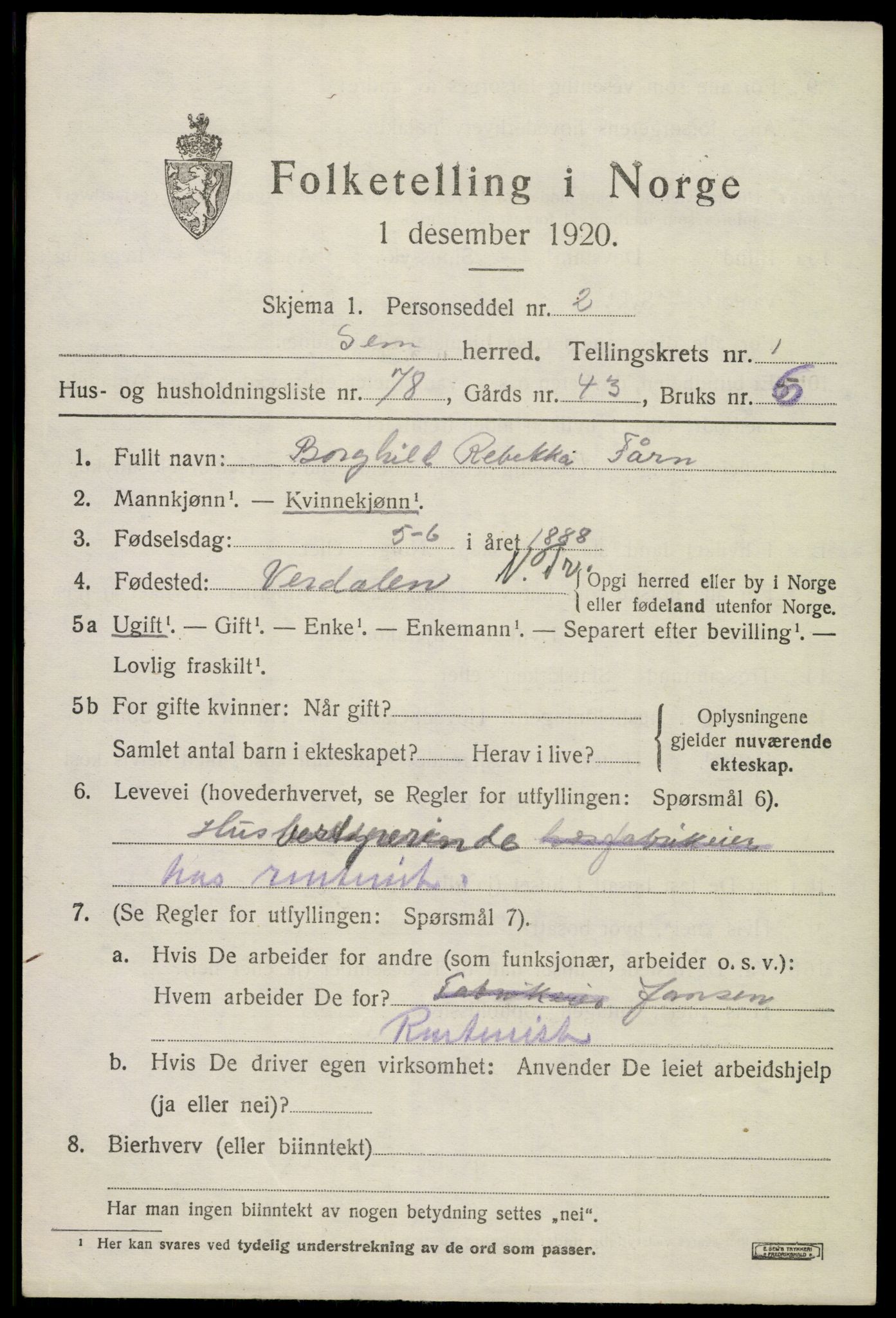 SAKO, 1920 census for Sem, 1920, p. 3617