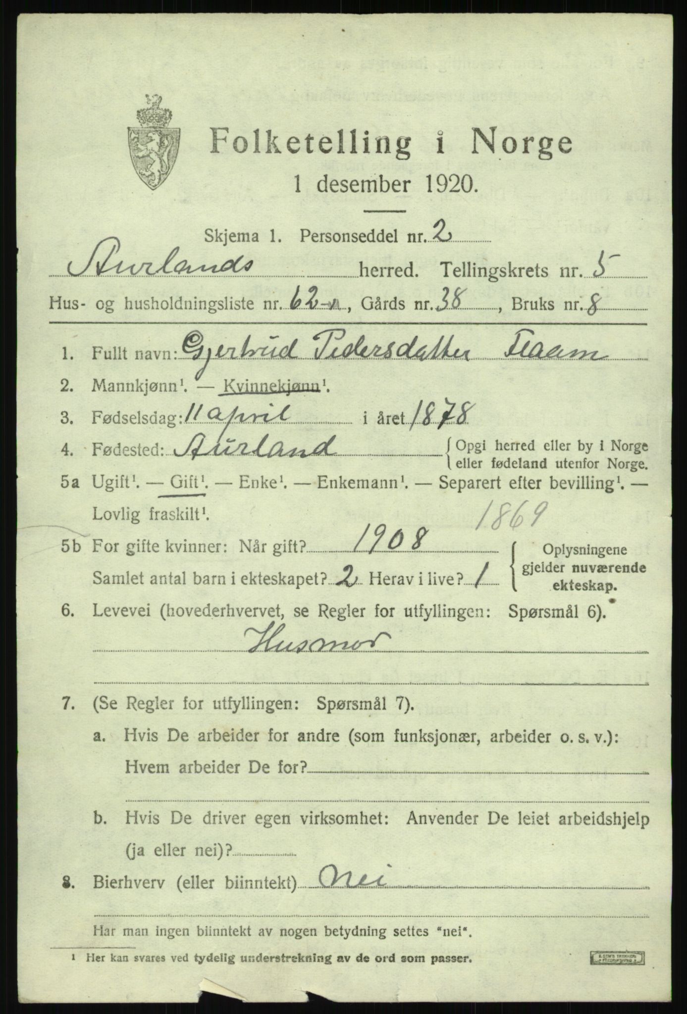 SAB, 1920 census for Aurland, 1920, p. 3862