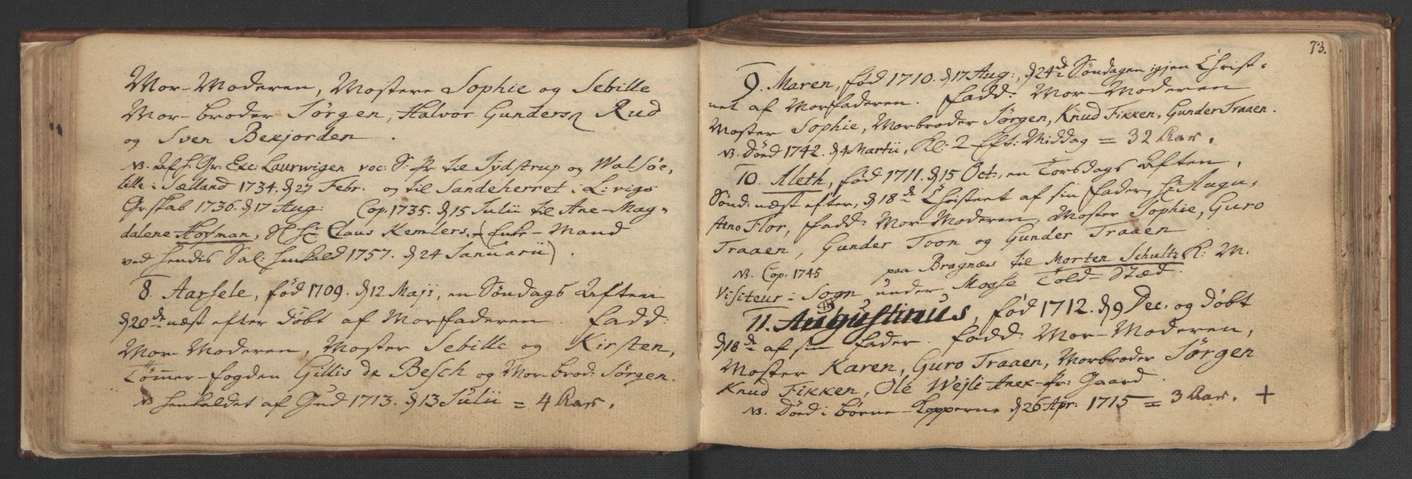 Manuskriptsamlingen, AV/RA-EA-3667/H/L0047: Familiestamrulle vedkommende Eliesonske, Ankerske, Colletske, Kiønigske m.m. familier - fra slutningen av 1600 til 1874 osv, 1600-1874, p. 72-73