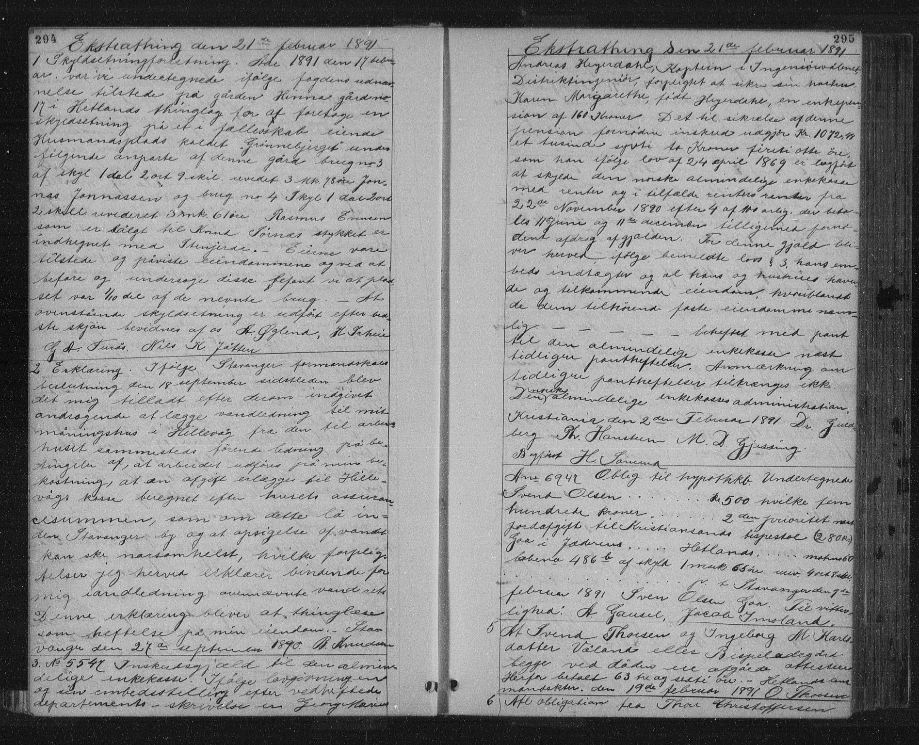 Jæren sorenskriveri, SAST/A-100310/01/4/41/41BF/L0011: Mortgage book no. 18, 1890-1892, p. 294-295