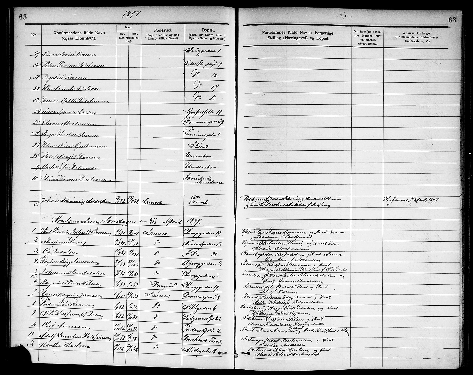 Larvik kirkebøker, SAKO/A-352/G/Ga/L0006: Parish register (copy) no. I 6, 1888-1917, p. 63