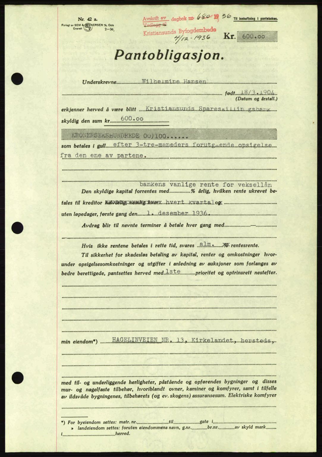 Kristiansund byfogd, AV/SAT-A-4587/A/27: Mortgage book no. 29, 1936-1937, Diary no: : 680/1936