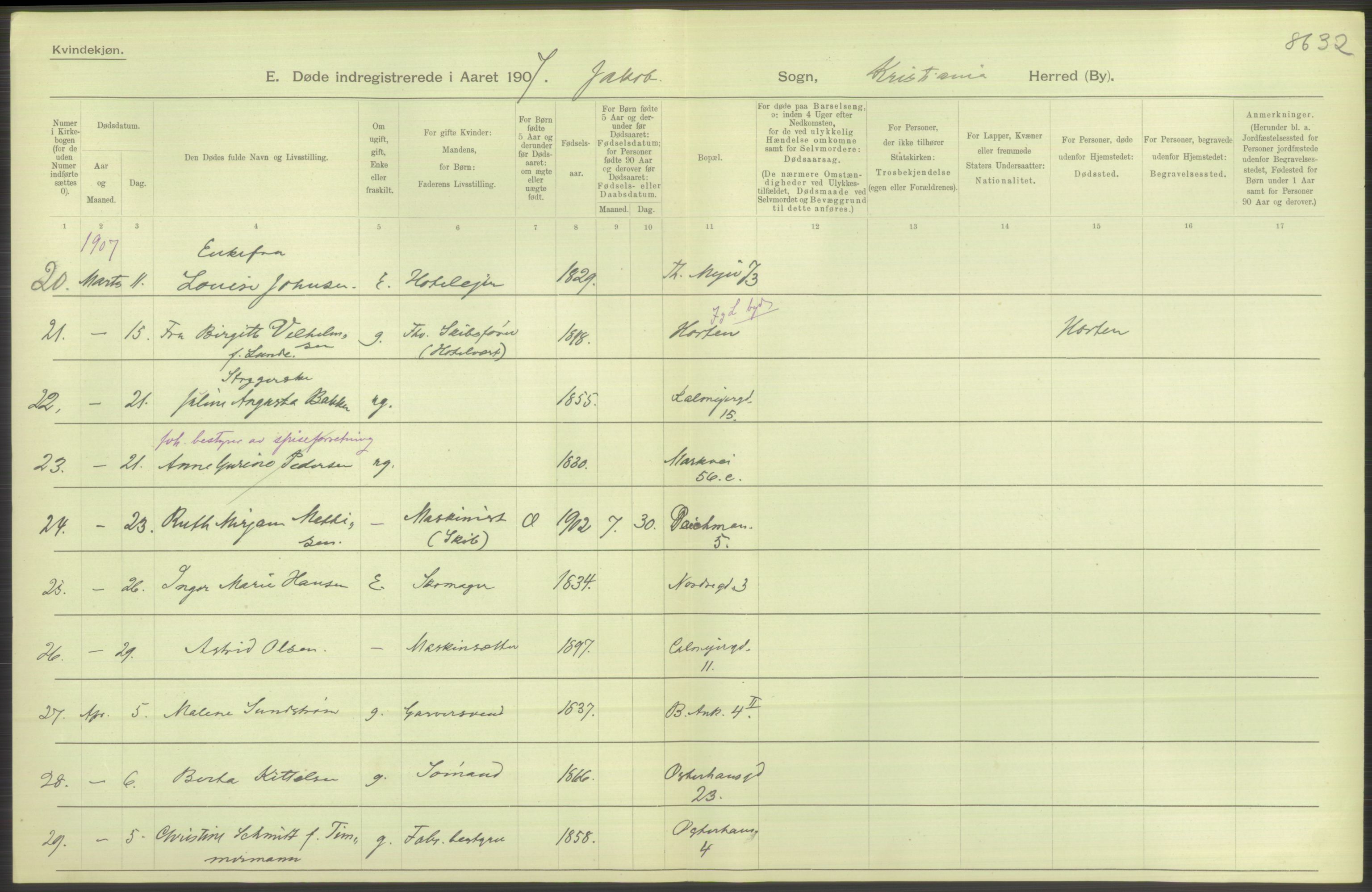 Statistisk sentralbyrå, Sosiodemografiske emner, Befolkning, AV/RA-S-2228/D/Df/Dfa/Dfae/L0009: Kristiania: Døde, 1907, p. 420