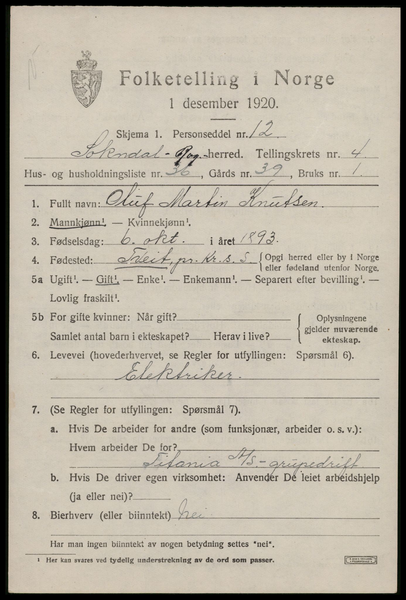 SAST, 1920 census for Sokndal, 1920, p. 3237