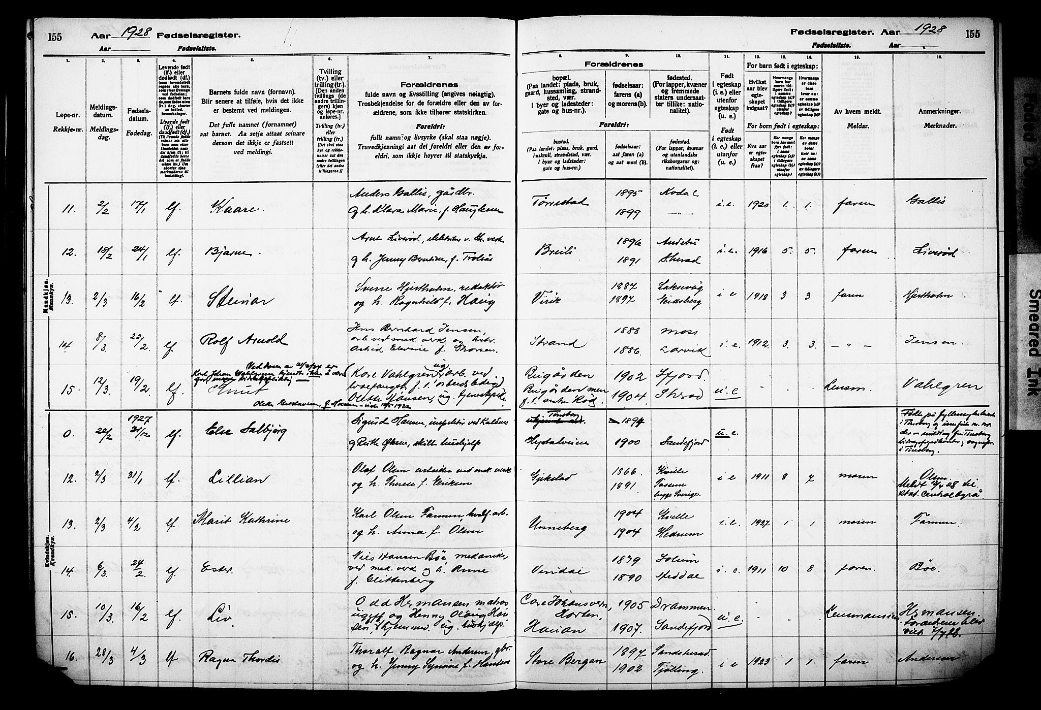 Sandar kirkebøker, AV/SAKO-A-243/J/Ja/L0002: Birth register no. 2, 1922-1929, p. 155