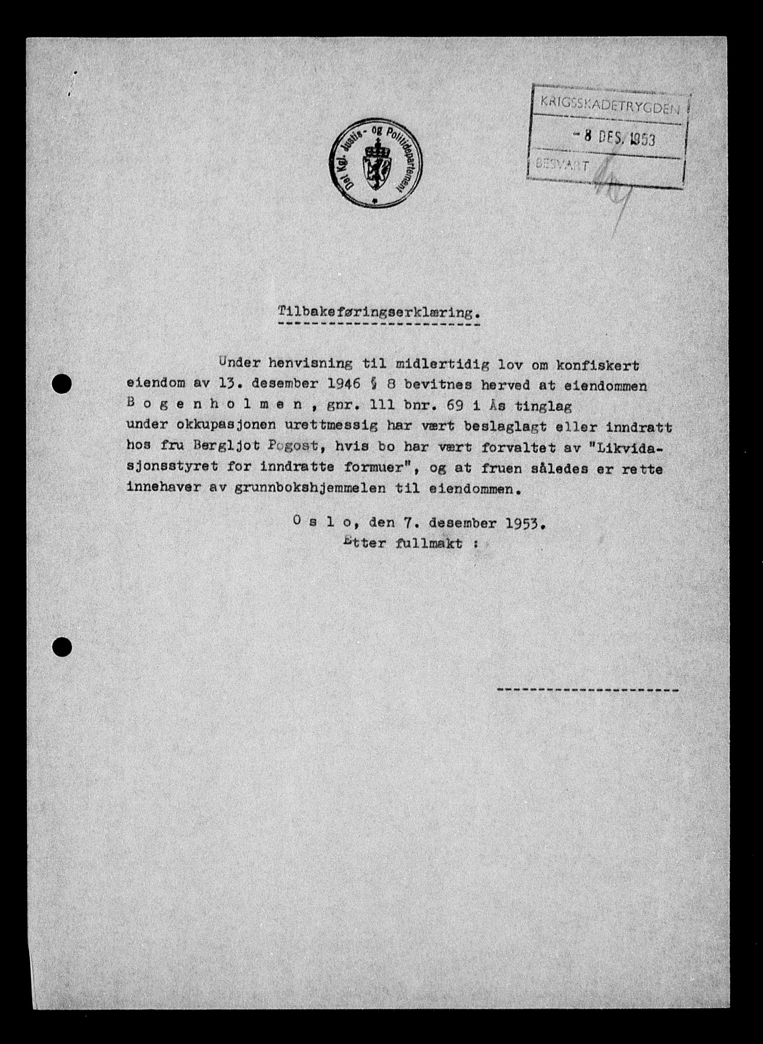 Justisdepartementet, Tilbakeføringskontoret for inndratte formuer, AV/RA-S-1564/H/Hc/Hcc/L0970: --, 1945-1947, p. 184