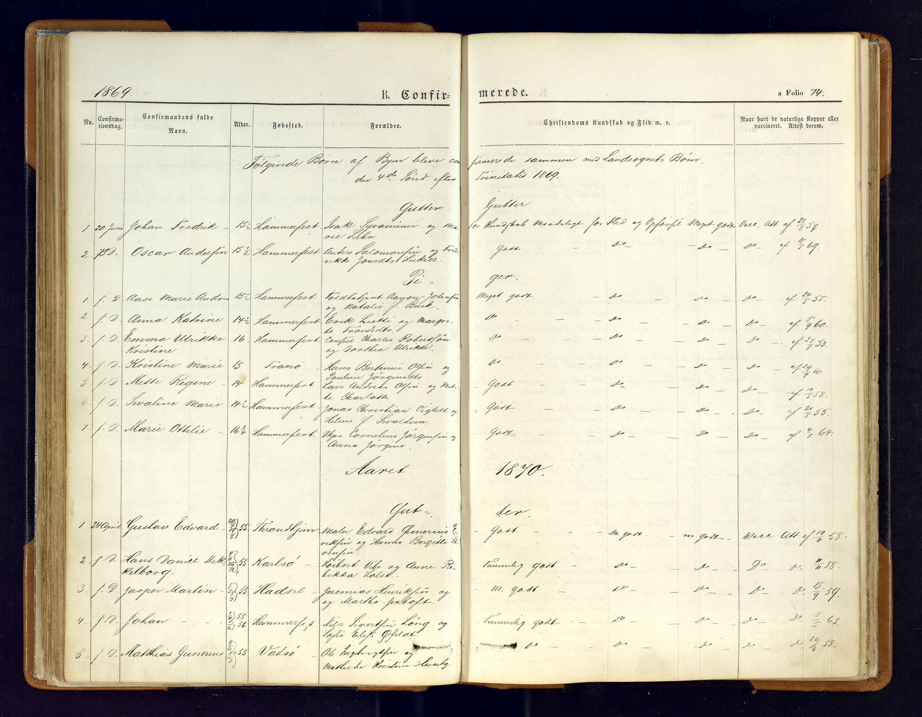 Hammerfest sokneprestkontor, AV/SATØ-S-1347/H/Ha/L0006.kirke: Parish register (official) no. 6, 1869-1877, p. 74