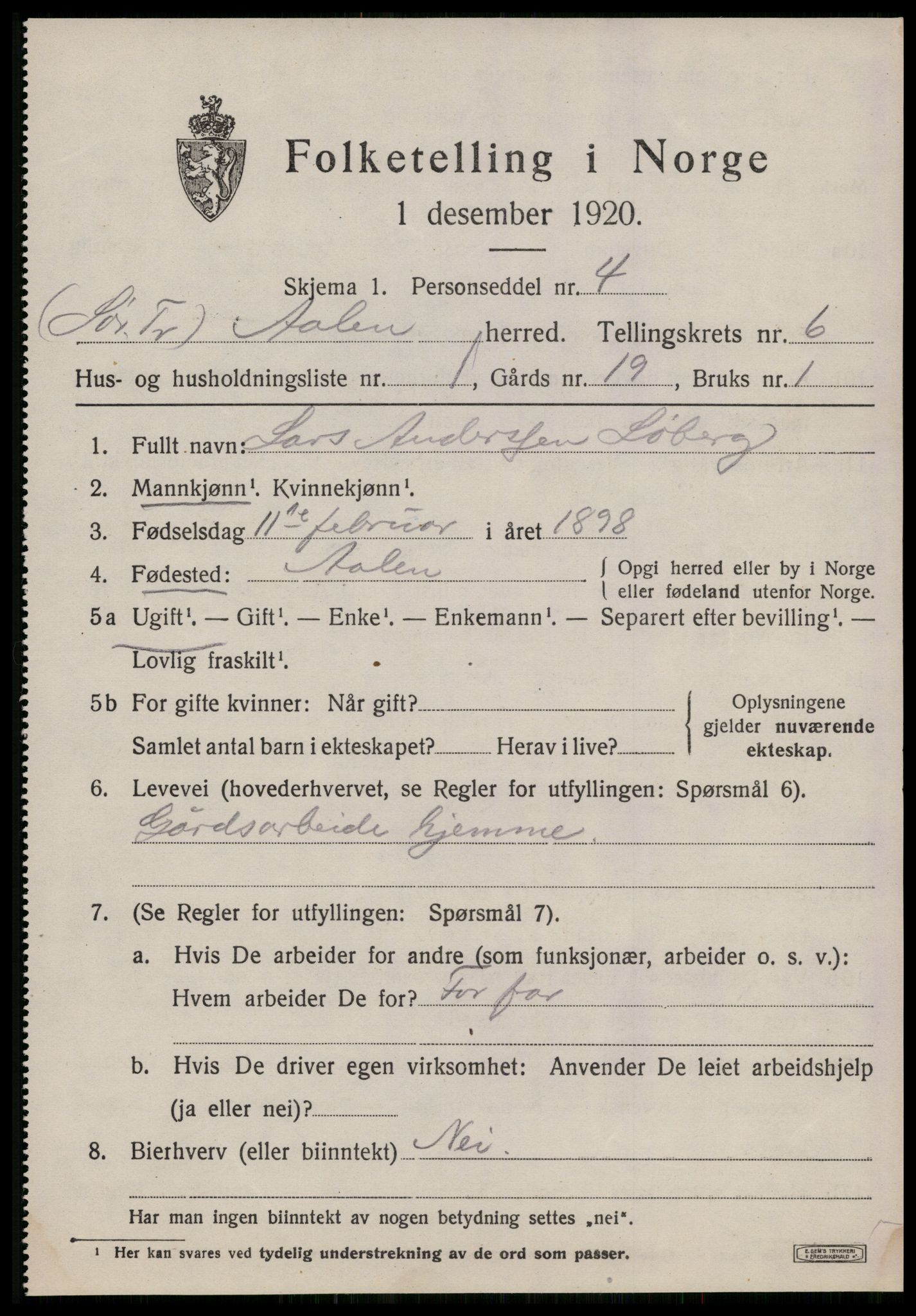 SAT, 1920 census for Ålen, 1920, p. 2922