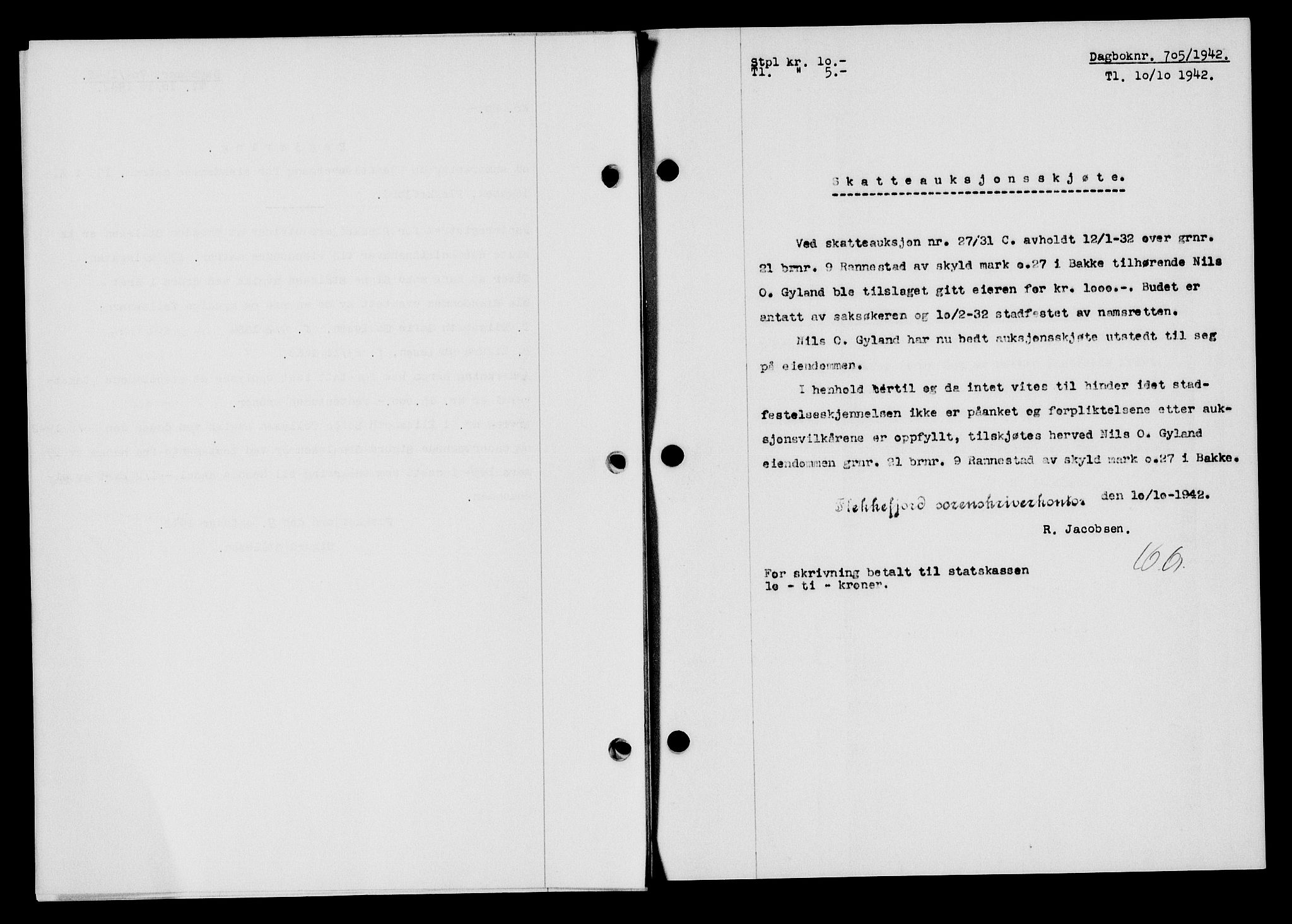 Flekkefjord sorenskriveri, SAK/1221-0001/G/Gb/Gba/L0057: Mortgage book no. A-5, 1941-1942, Diary no: : 705/1942