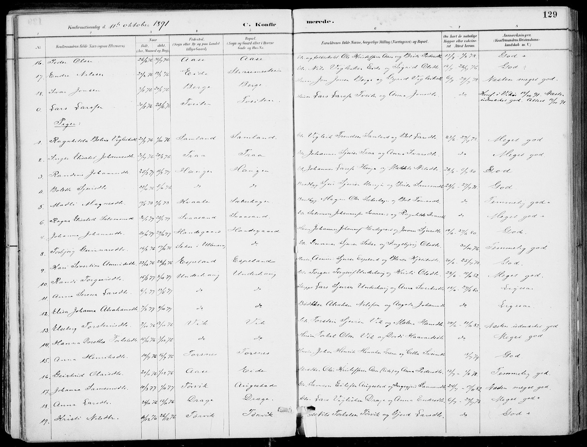 Strandebarm sokneprestembete, SAB/A-78401/H/Haa: Parish register (official) no. E  1, 1886-1908, p. 129