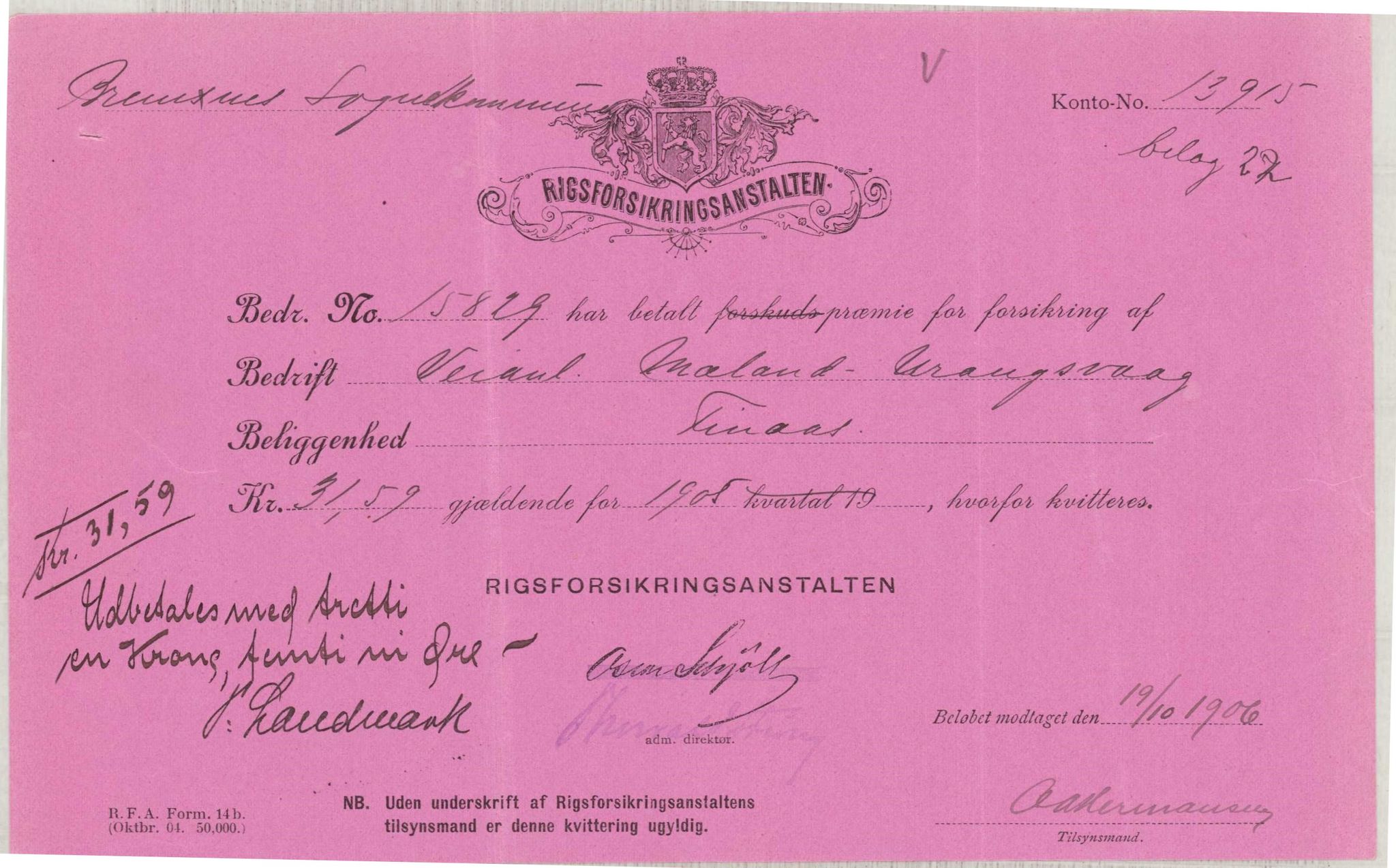 Finnaas kommune. Formannskapet, IKAH/1218a-021/E/Ea/L0002/0004: Rekneskap for veganlegg / Rekneskap for veganlegget Urangsvåg - Mælandsvåg, 1906, p. 37