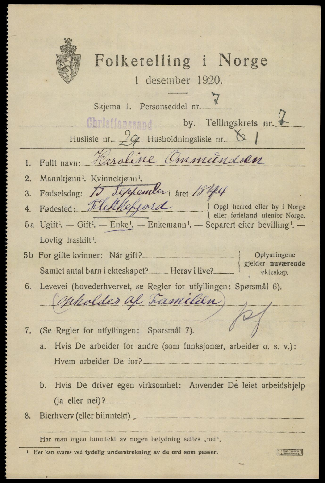 SAK, 1920 census for Kristiansand, 1920, p. 20553