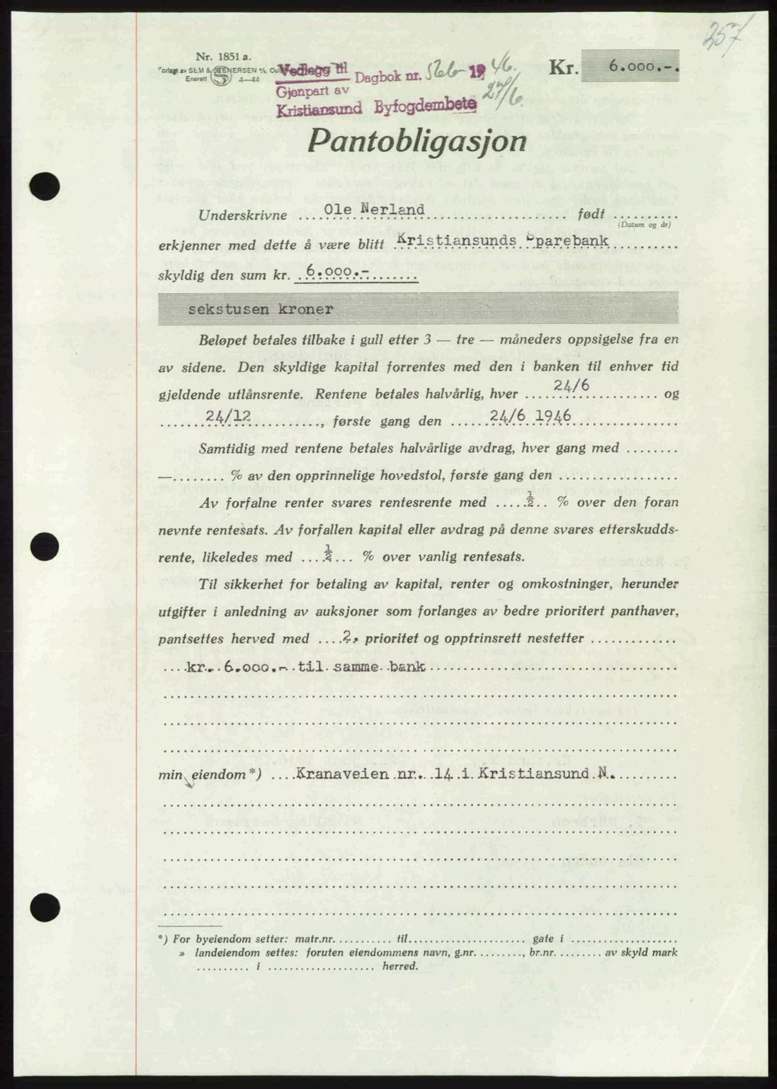 Kristiansund byfogd, AV/SAT-A-4587/A/27: Mortgage book no. 40, 1946-1946, Diary no: : 566/1946