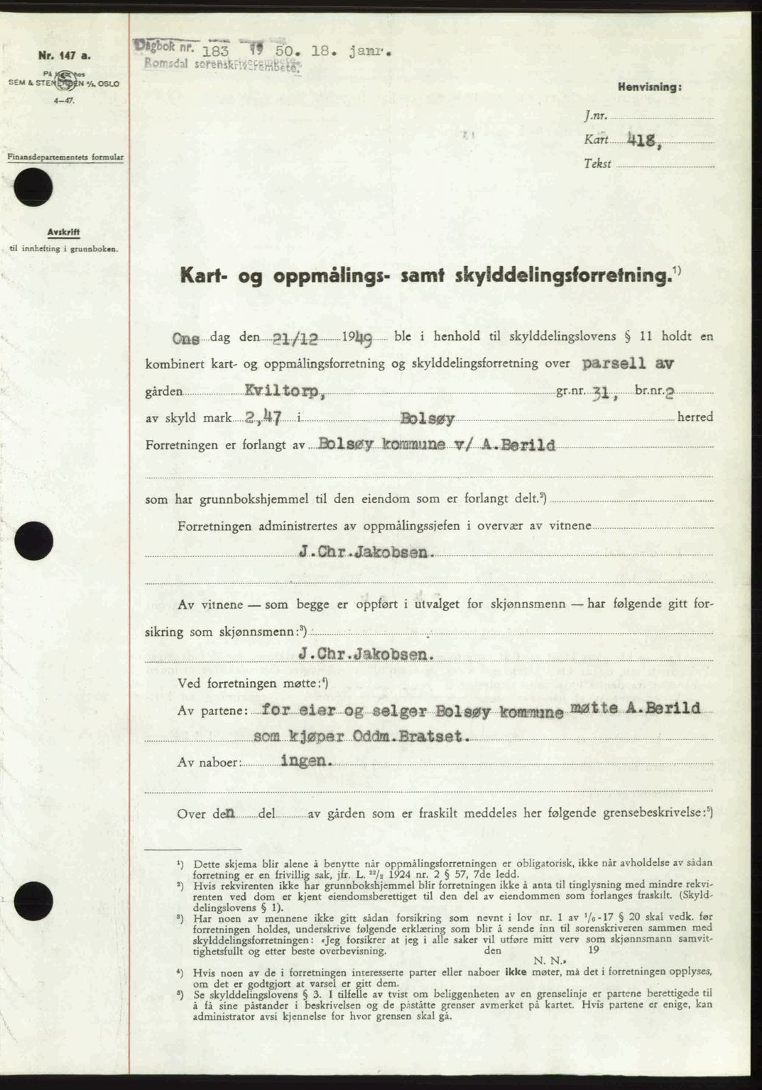 Romsdal sorenskriveri, AV/SAT-A-4149/1/2/2C: Mortgage book no. A32, 1950-1950, Diary no: : 183/1950