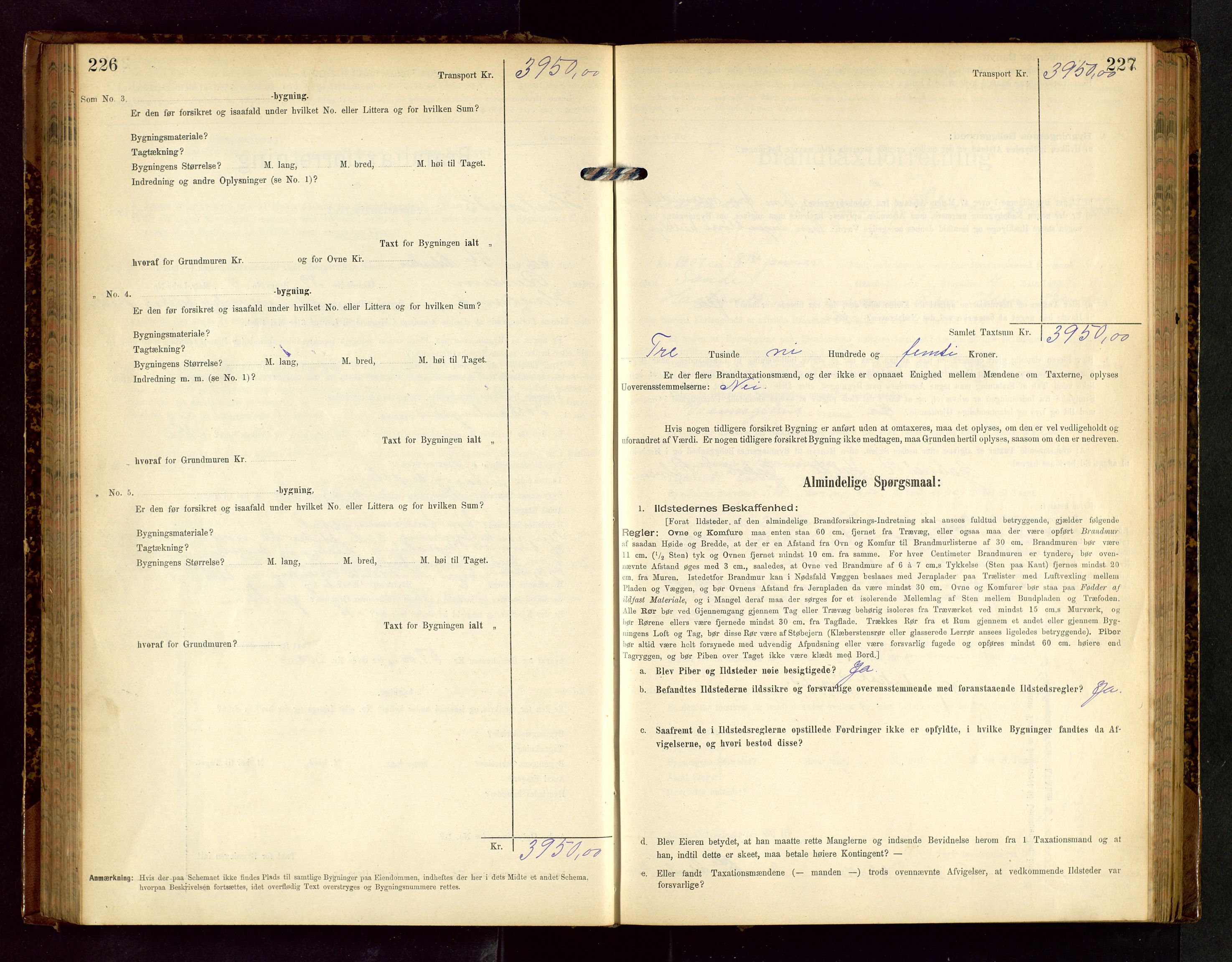 Håland lensmannskontor, SAST/A-100100/Gob/L0002: Branntakstprotokoll - skjematakst. Register i boken., 1902-1906, p. 226-227