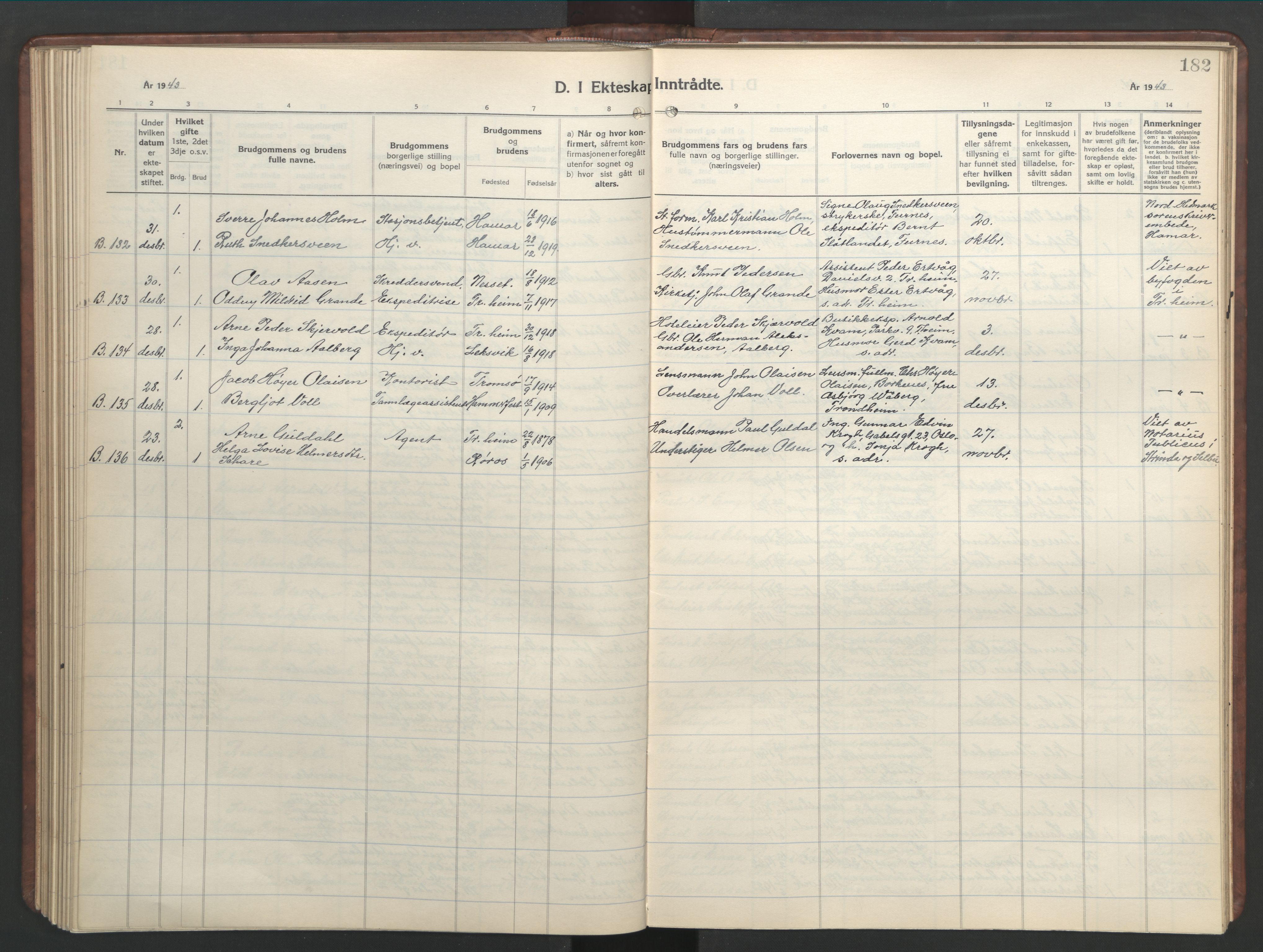 Ministerialprotokoller, klokkerbøker og fødselsregistre - Sør-Trøndelag, SAT/A-1456/601/L0101: Parish register (copy) no. 601C19, 1935-1946, p. 182