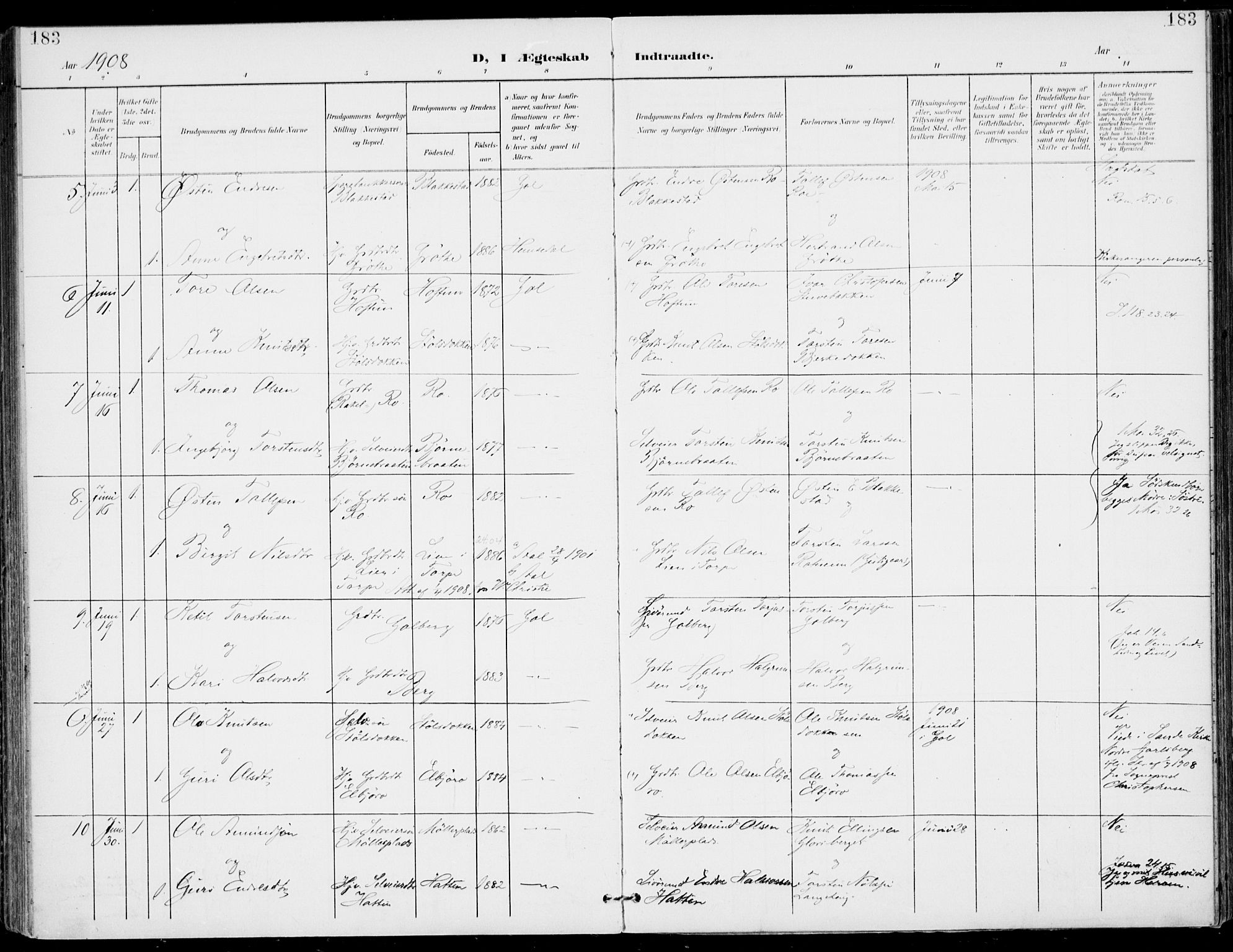 Gol kirkebøker, AV/SAKO-A-226/F/Fa/L0006: Parish register (official) no. I 6, 1901-1918, p. 183