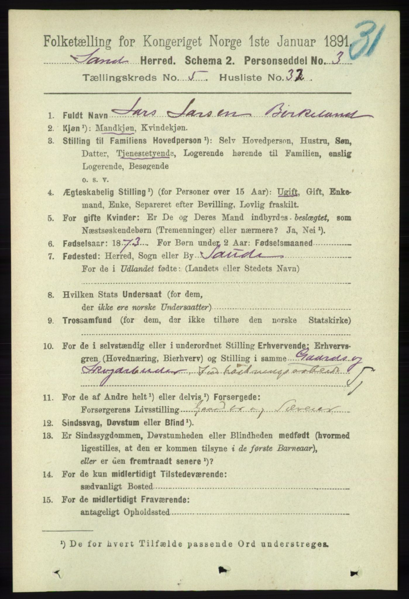 RA, 1891 census for 1136 Sand, 1891, p. 1709