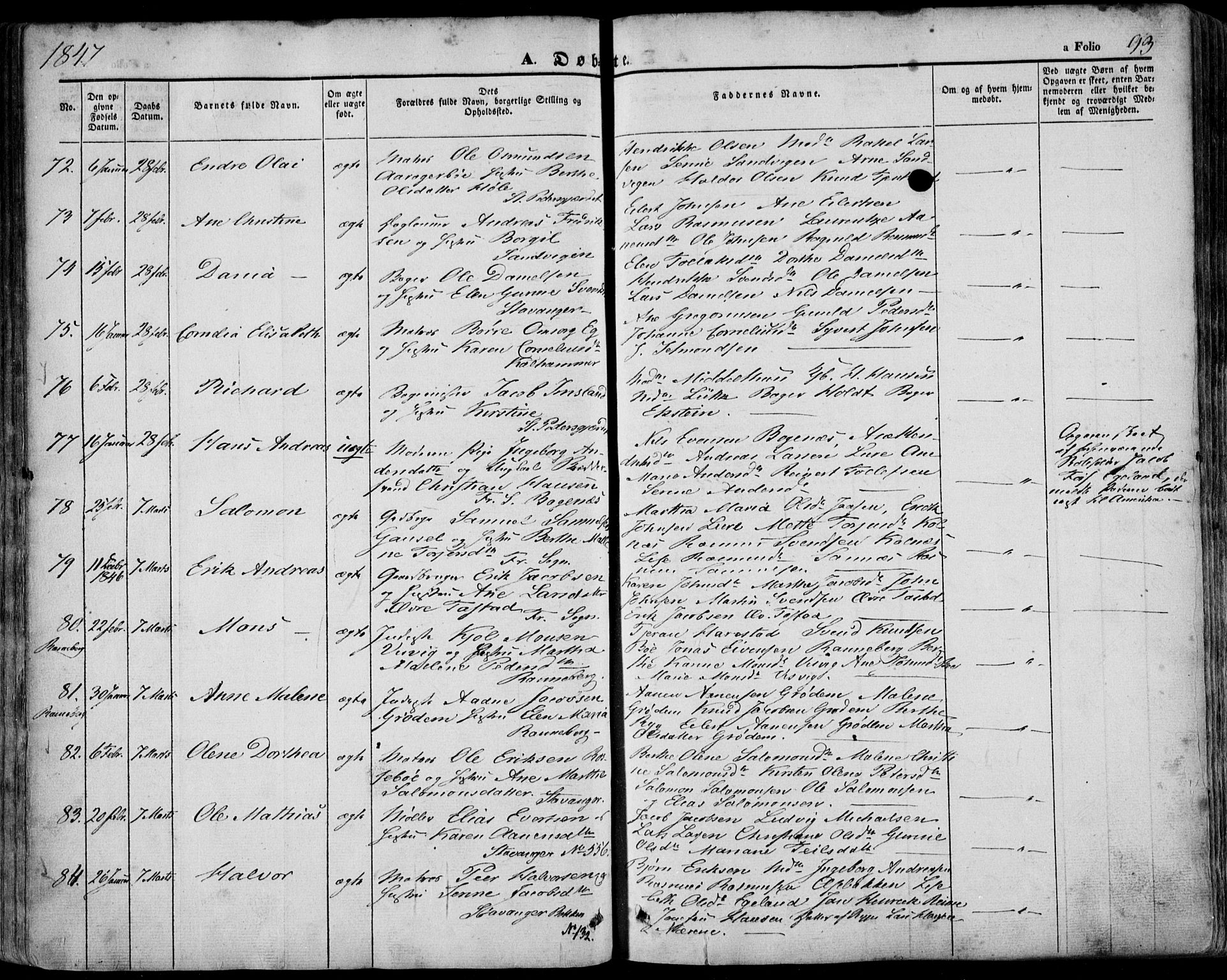 Domkirken sokneprestkontor, AV/SAST-A-101812/001/30/30BA/L0016: Parish register (official) no. A 15, 1844-1854, p. 93