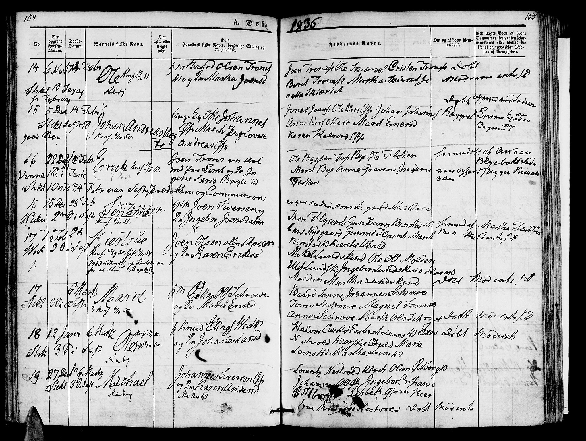 Ministerialprotokoller, klokkerbøker og fødselsregistre - Nord-Trøndelag, AV/SAT-A-1458/723/L0238: Parish register (official) no. 723A07, 1831-1840, p. 154-155