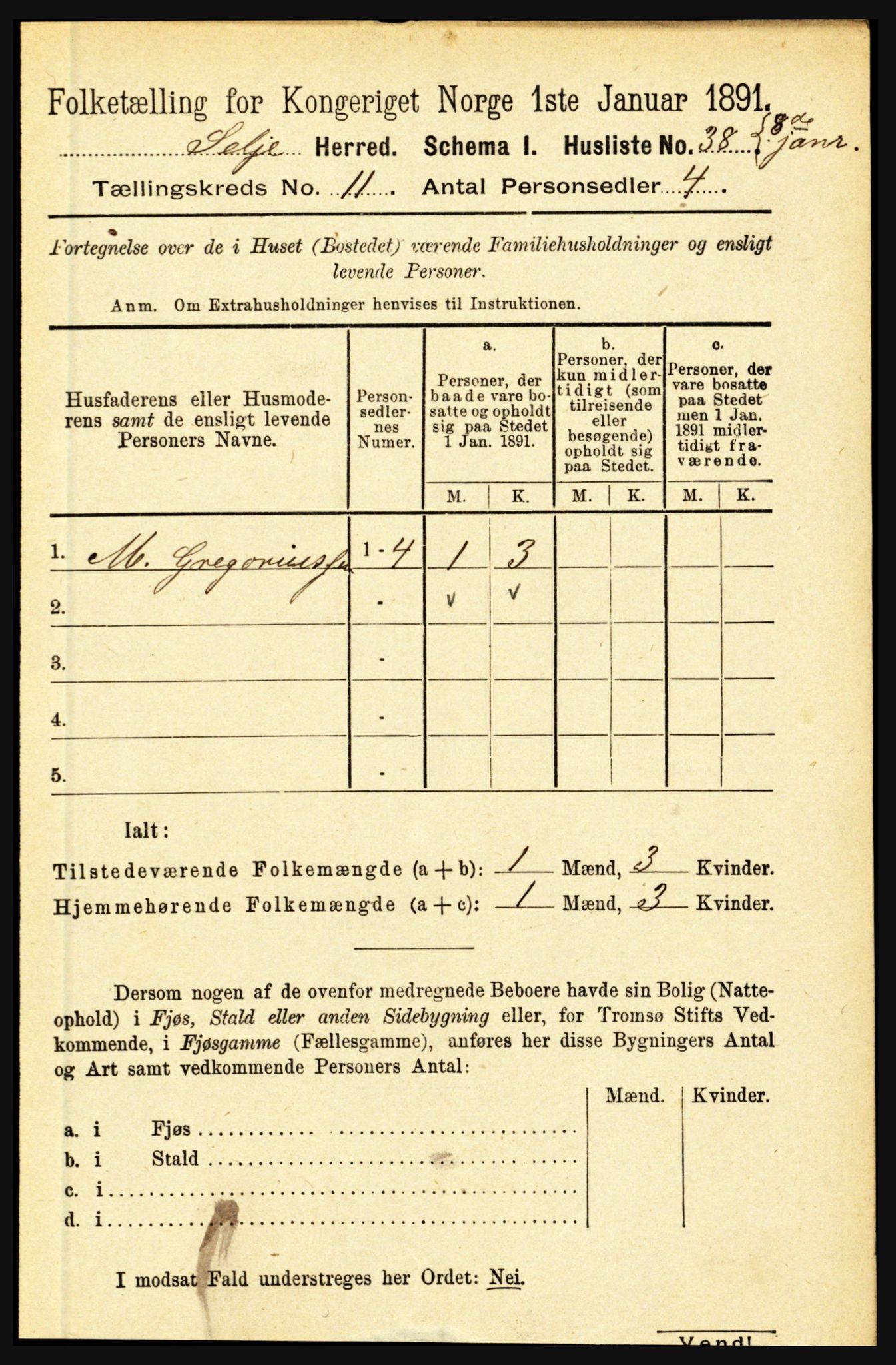 RA, 1891 census for 1441 Selje, 1891, p. 3412