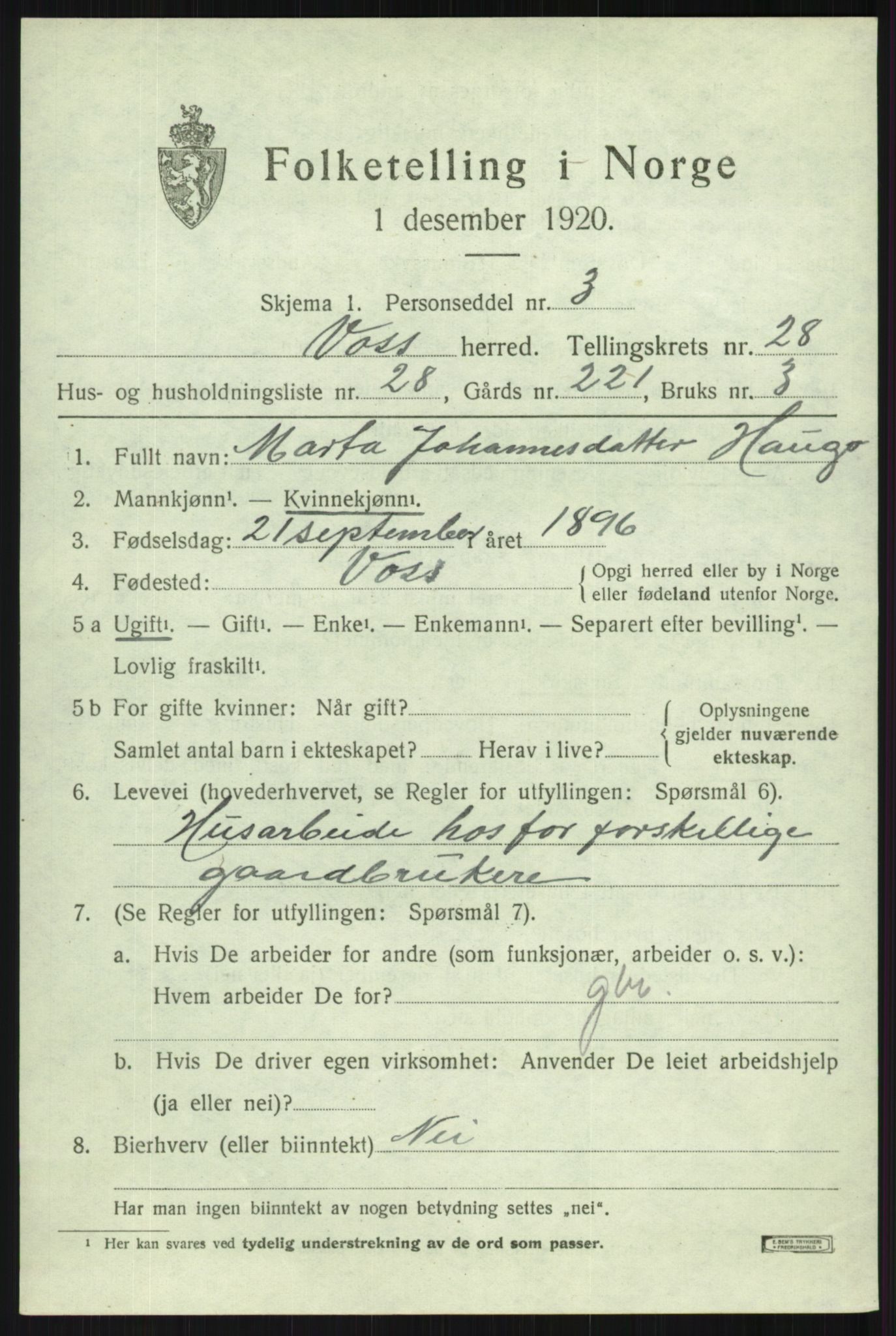 SAB, 1920 census for Voss, 1920, p. 19237