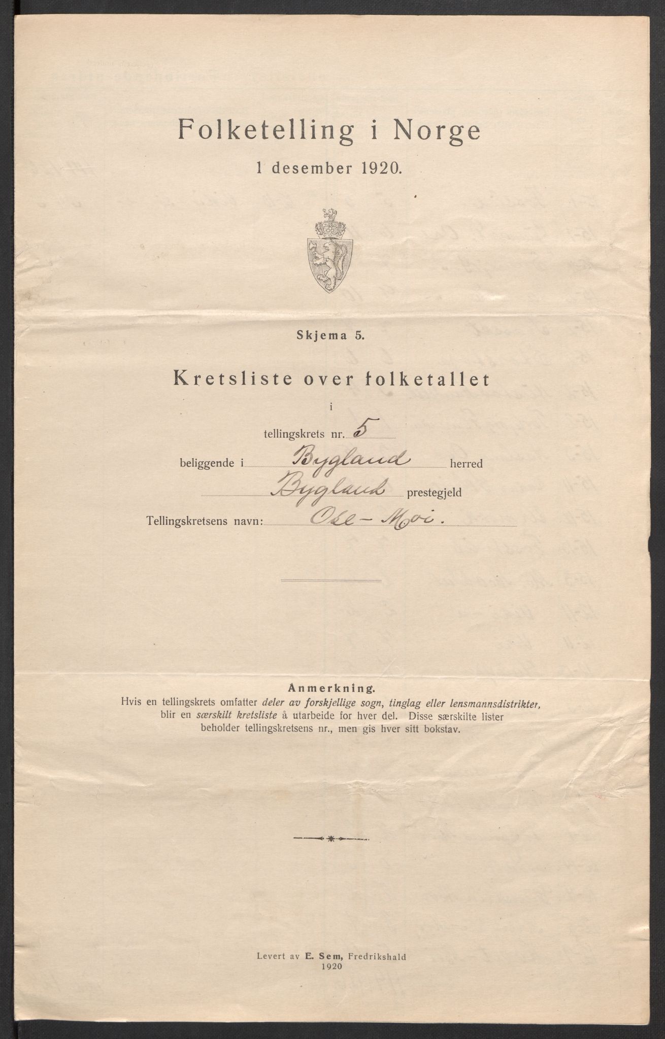 SAK, 1920 census for Bygland, 1920, p. 27