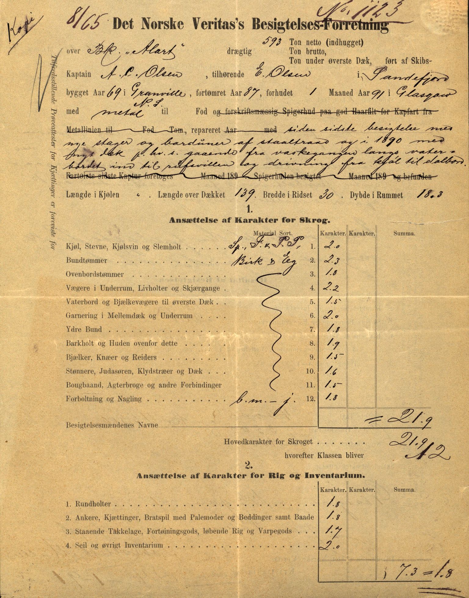 Pa 63 - Østlandske skibsassuranceforening, VEMU/A-1079/G/Ga/L0029/0006: Havaridokumenter / Alart, Aleyon, Agra, Dagmar, Minerva, Eugine, 1892