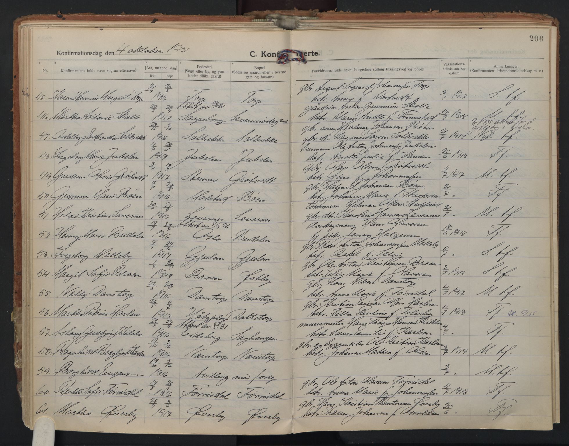 Rakkestad prestekontor Kirkebøker, AV/SAO-A-2008/F/Fa/L0016: Parish register (official) no. I 16, 1922-1943, p. 206