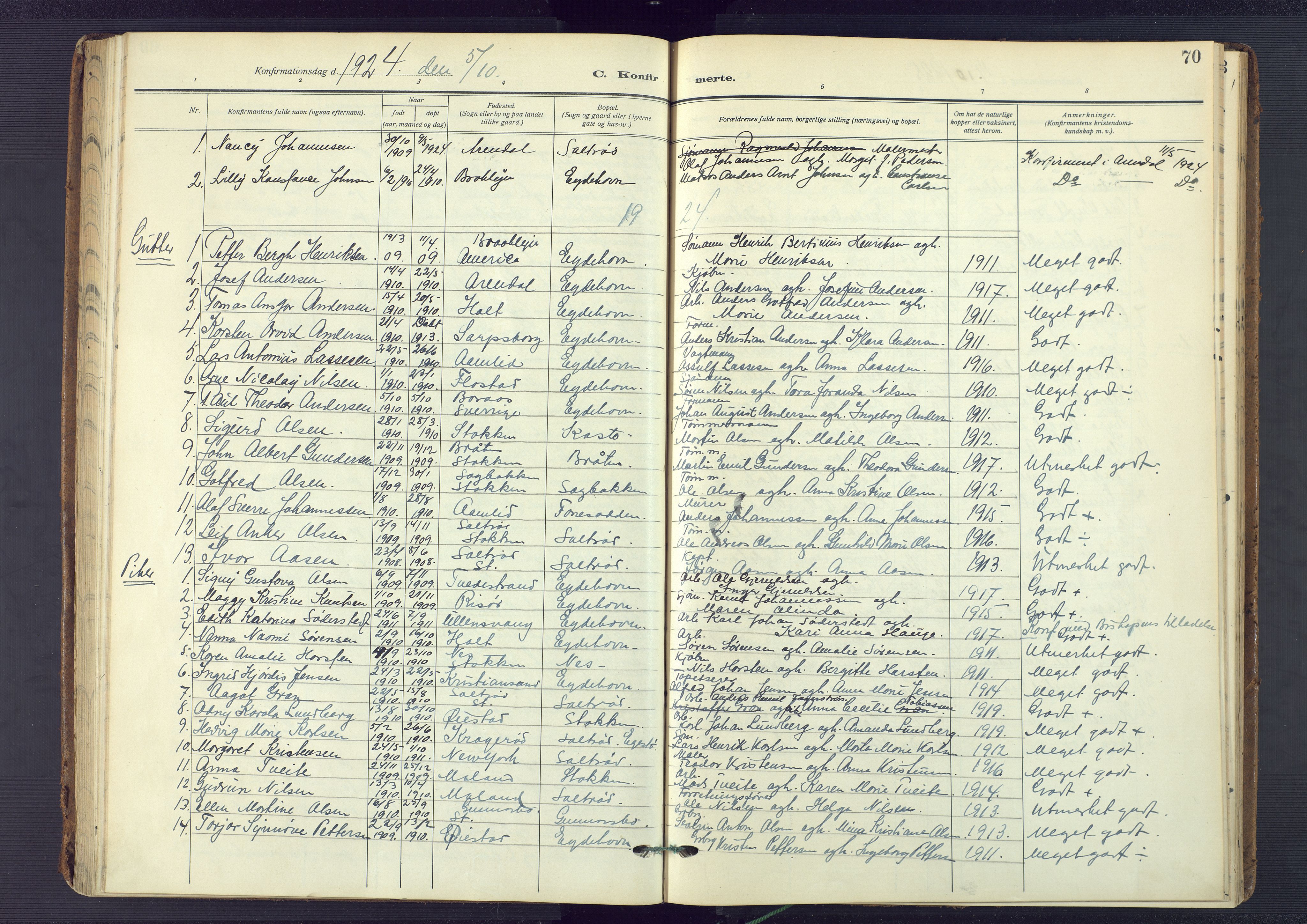 Austre Moland sokneprestkontor, AV/SAK-1111-0001/F/Fa/Fab/L0003: Parish register (official) no. A 3, 1914-1927, p. 70