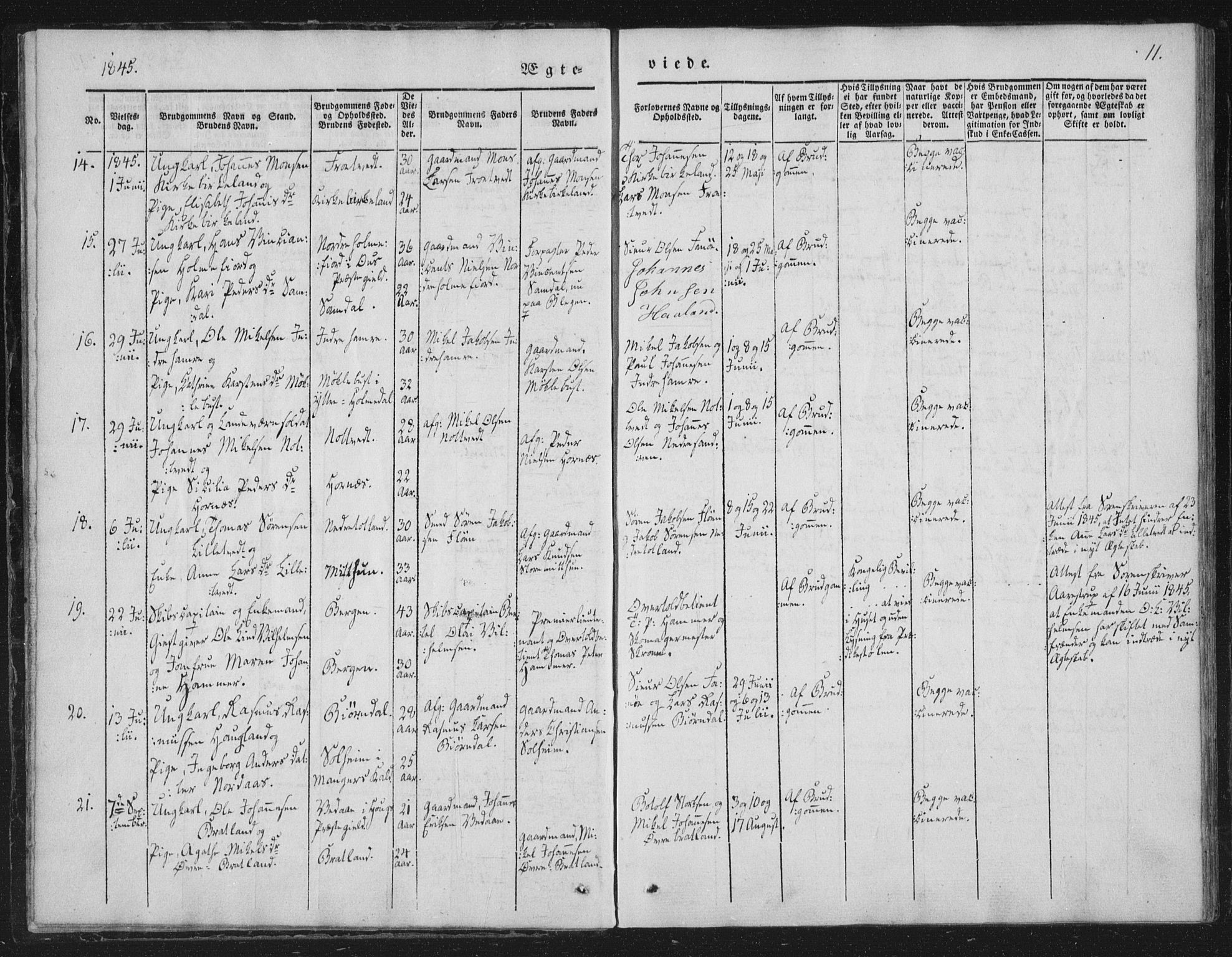 Fana Sokneprestembete, SAB/A-75101/H/Haa/Haaa/L0010: Parish register (official) no. A 10, 1841-1851, p. 11