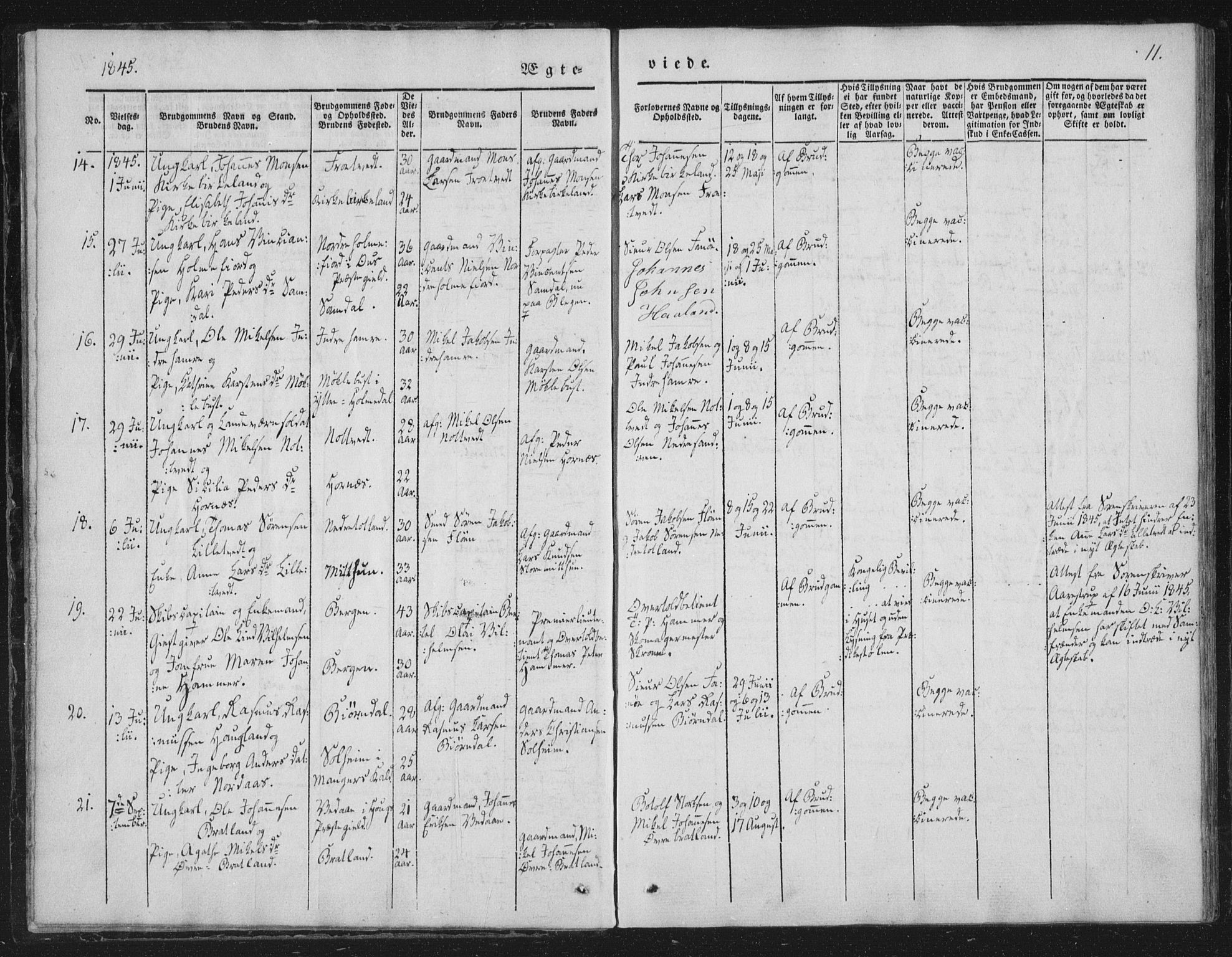 Fana Sokneprestembete, AV/SAB-A-75101/H/Haa/Haaa/L0010: Parish register (official) no. A 10, 1841-1851, p. 11