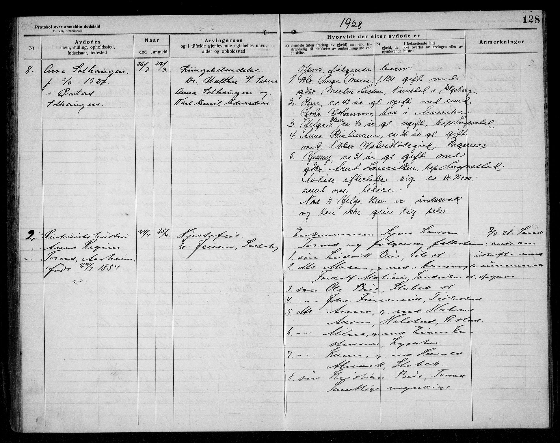 Rakkestad lensmannskontor, AV/SAO-A-10004/H/Ha/Haa/L0004: Dødsanmeldelsesprotokoll, 1920-1931, p. 128