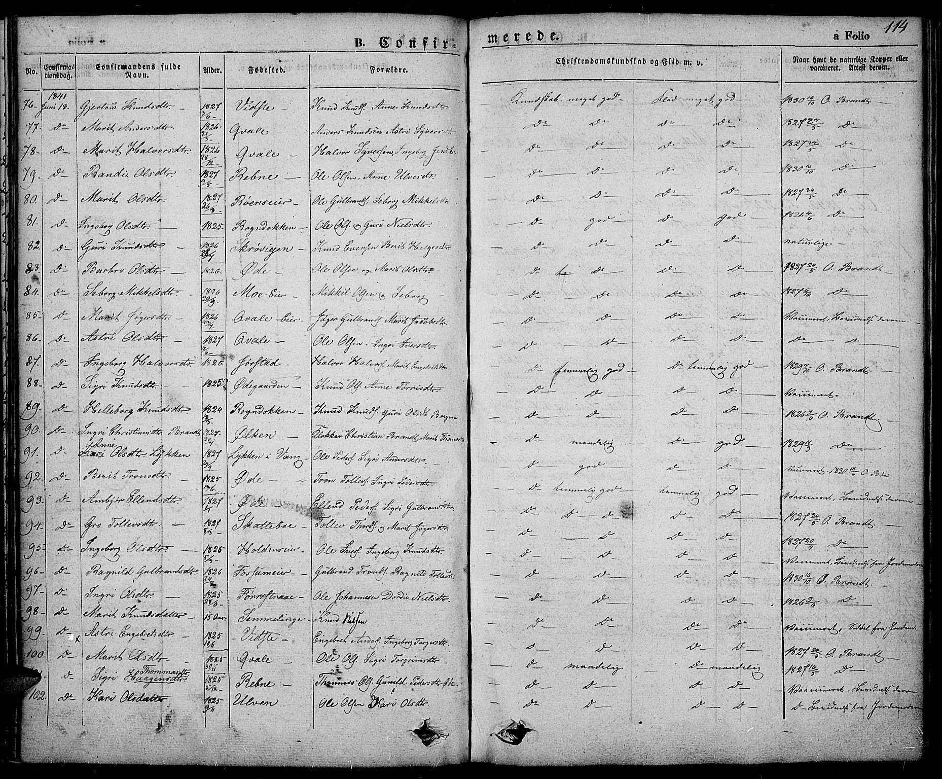 Slidre prestekontor, SAH/PREST-134/H/Ha/Haa/L0003: Parish register (official) no. 3, 1831-1843, p. 114