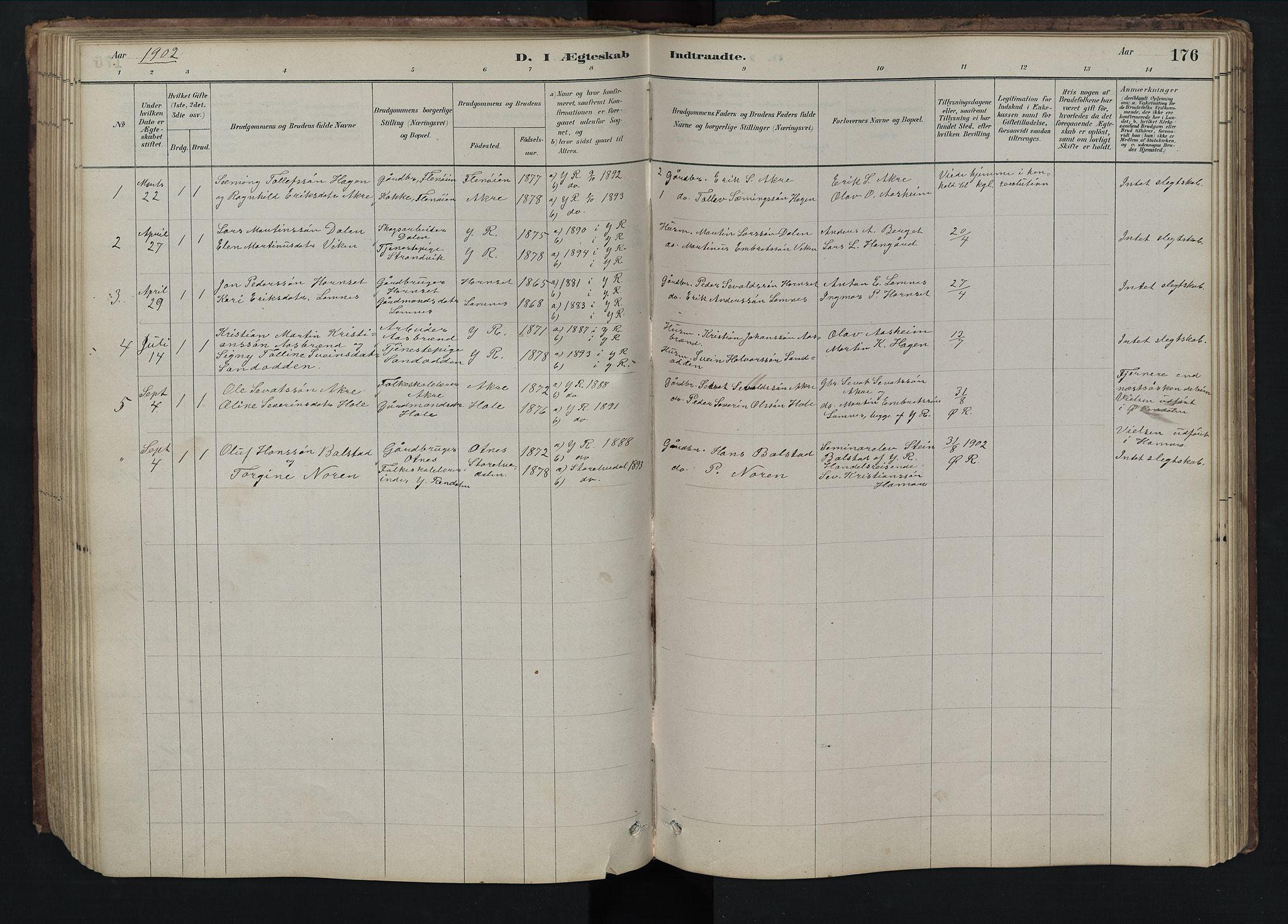 Rendalen prestekontor, SAH/PREST-054/H/Ha/Hab/L0009: Parish register (copy) no. 9, 1879-1902, p. 176