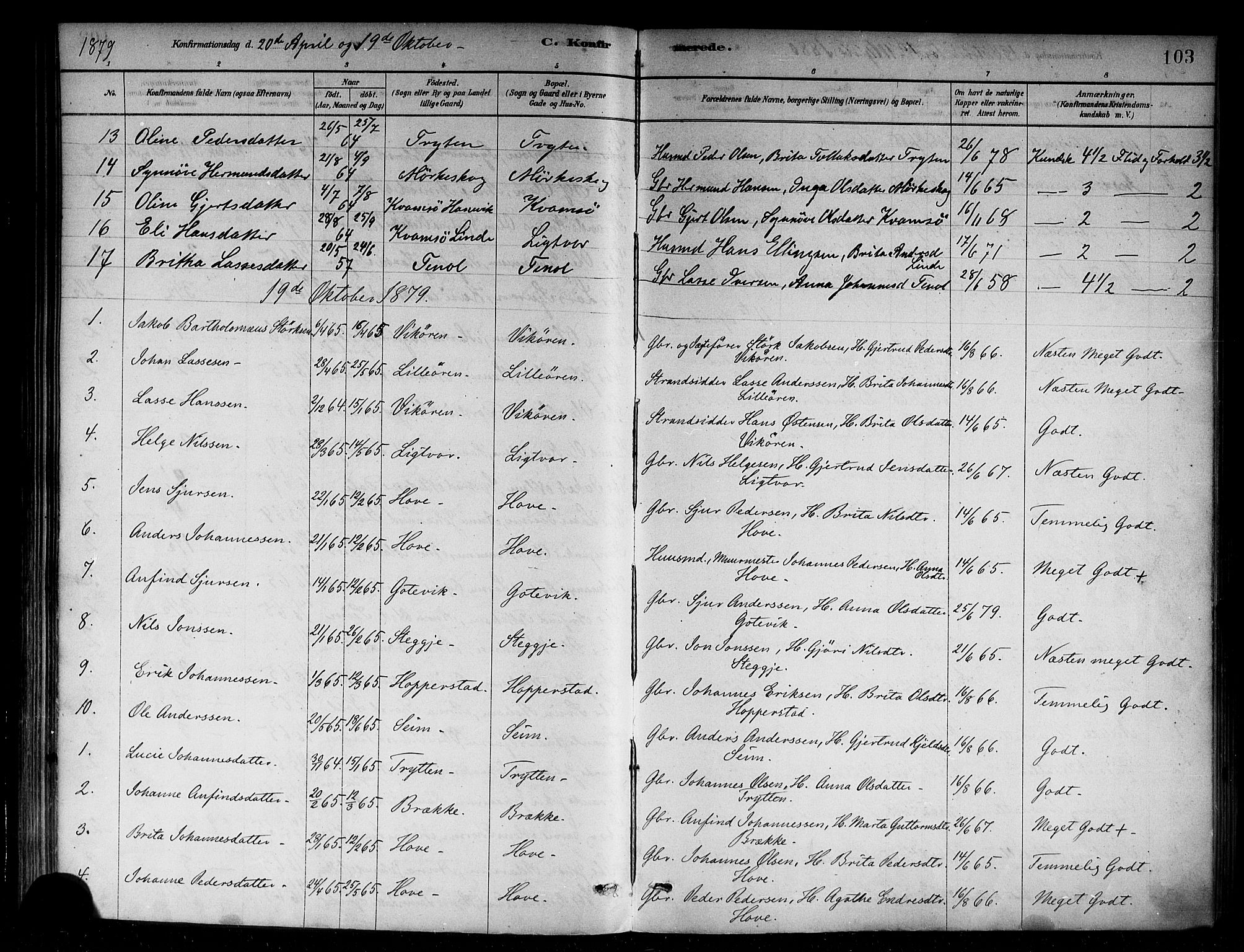 Vik sokneprestembete, SAB/A-81501: Parish register (official) no. B 1, 1878-1890, p. 103