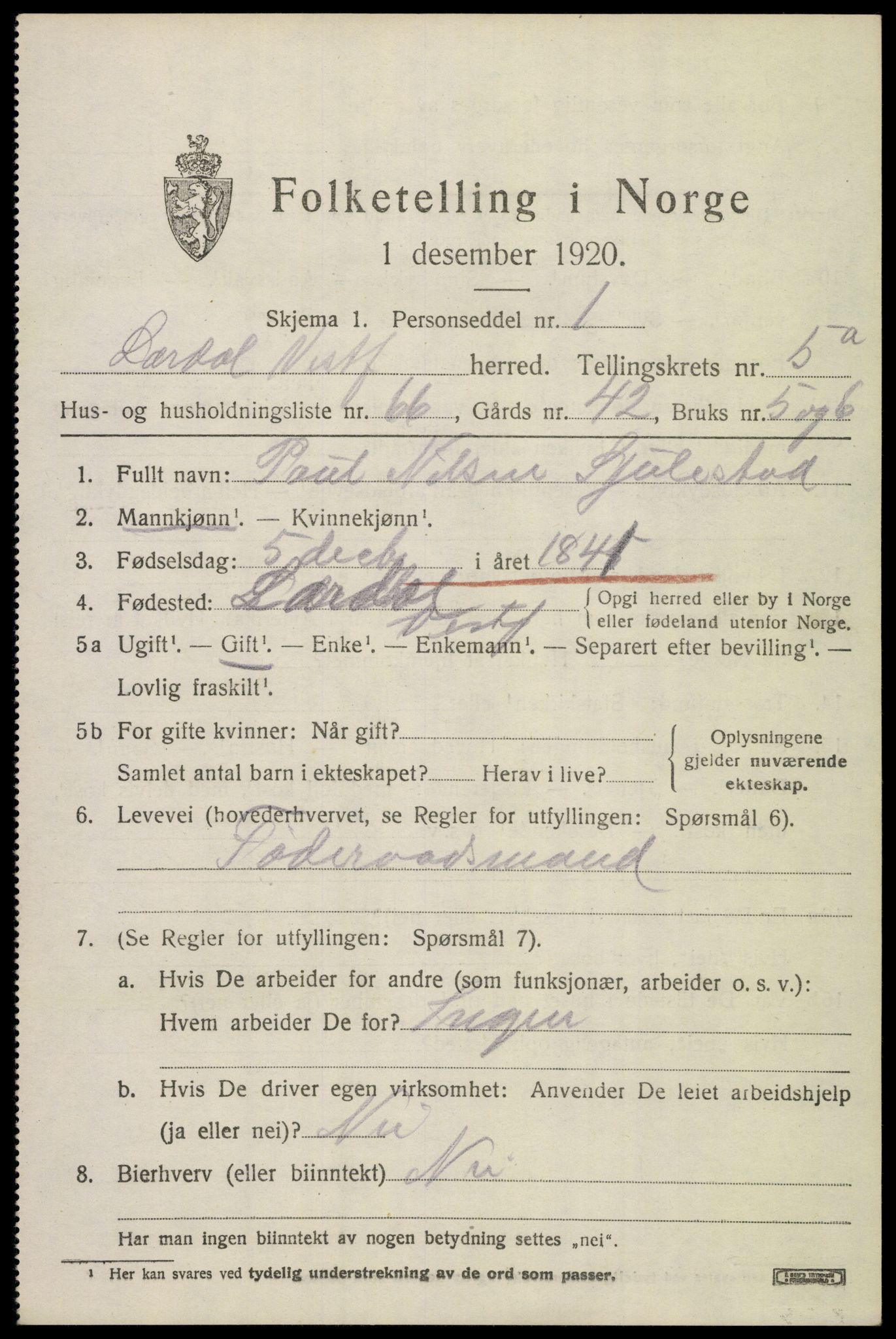 SAKO, 1920 census for Lardal, 1920, p. 5189