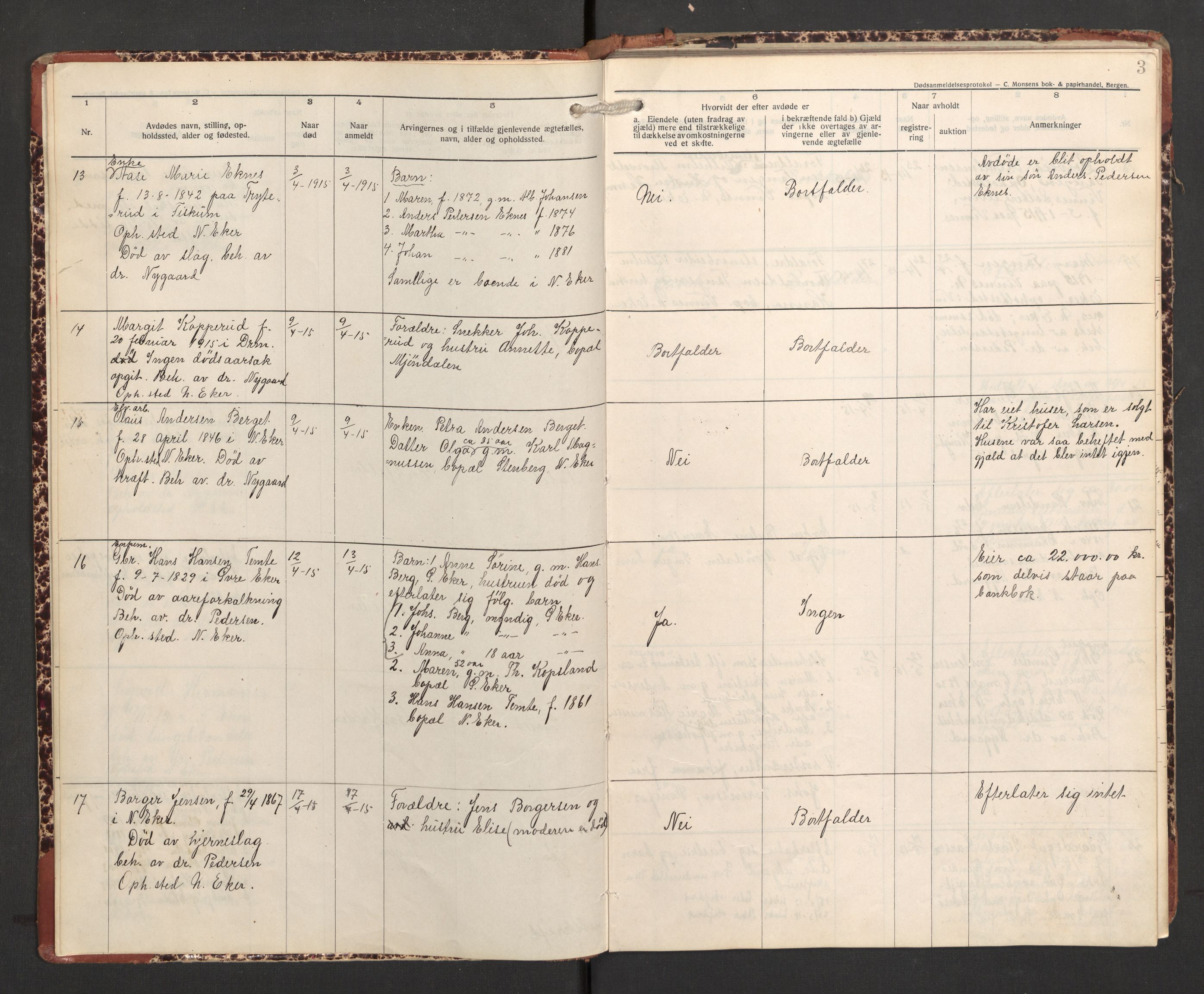 Nedre Eiker lensmannskontor, SAKO/A-530/H/Ha/L0002: Dødsfallsprotokoll, 1915-1922, p. 3