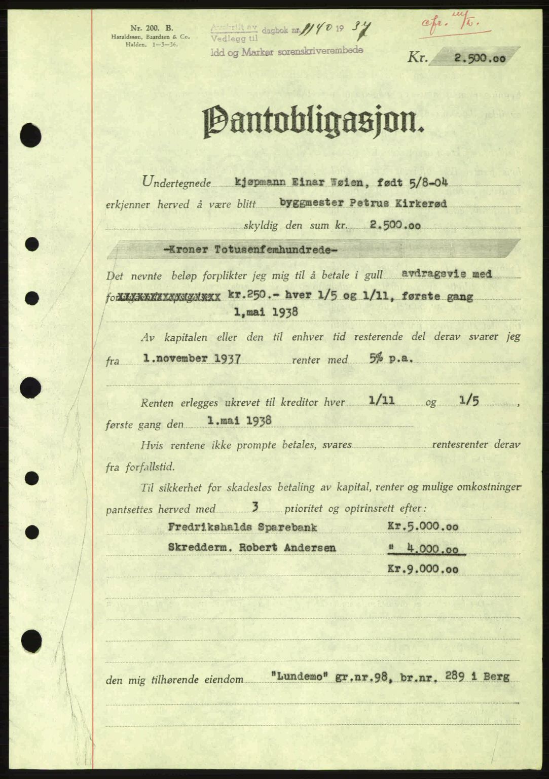 Idd og Marker sorenskriveri, AV/SAO-A-10283/G/Gb/Gbc/L0001: Mortgage book no. B1-3, 1936-1939, Diary no: : 1140/1937