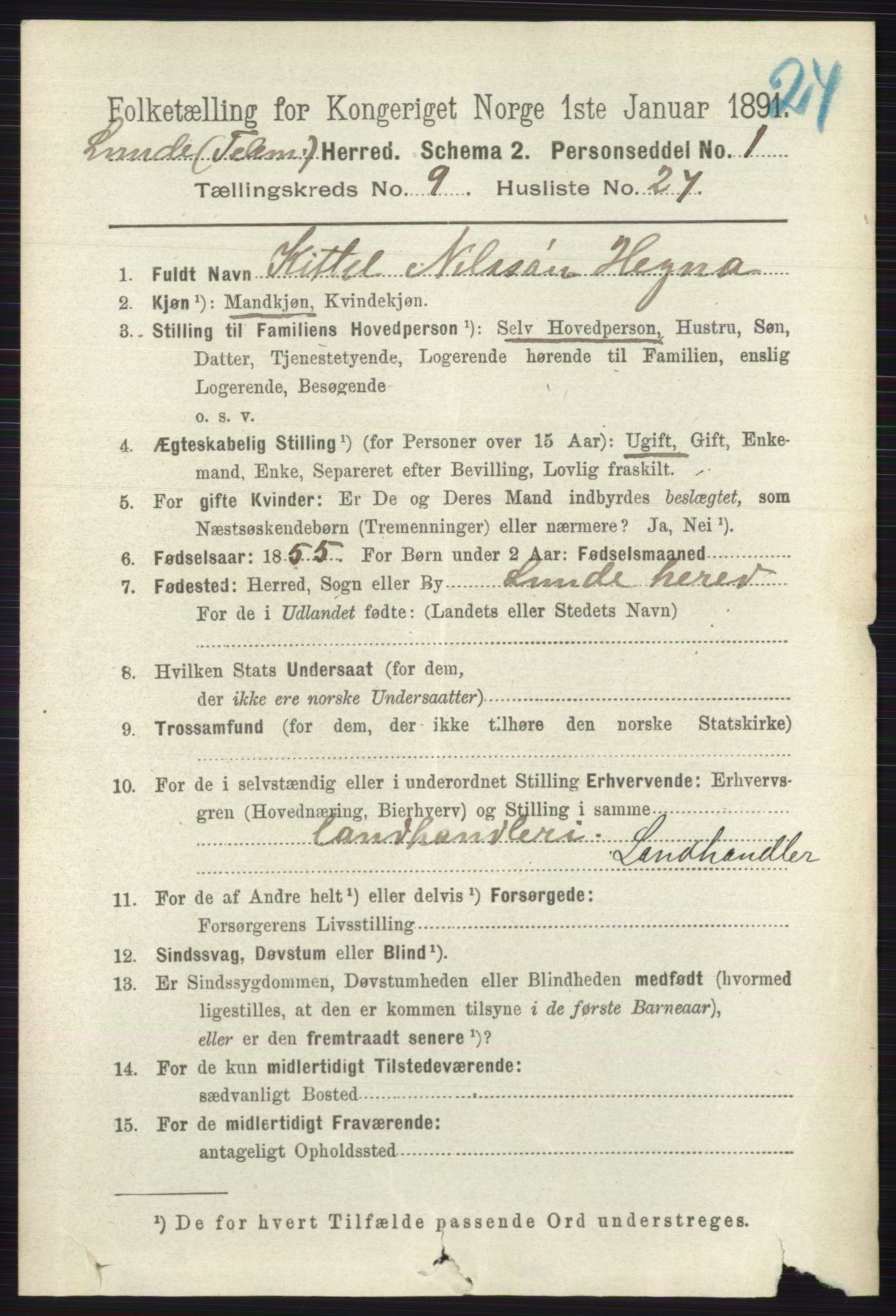 RA, 1891 census for 0820 Lunde, 1891, p. 2844