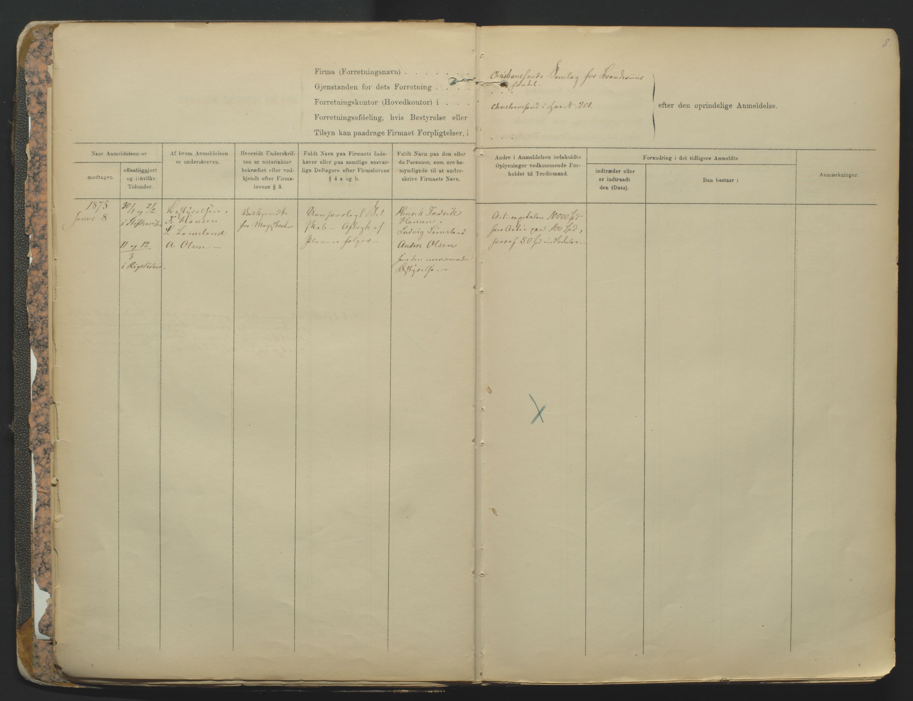 Kristiansand byrett, SAK/1223-0001/K/Kb/L0001: Firmaregister A, med register, 1874-1890, p. 8