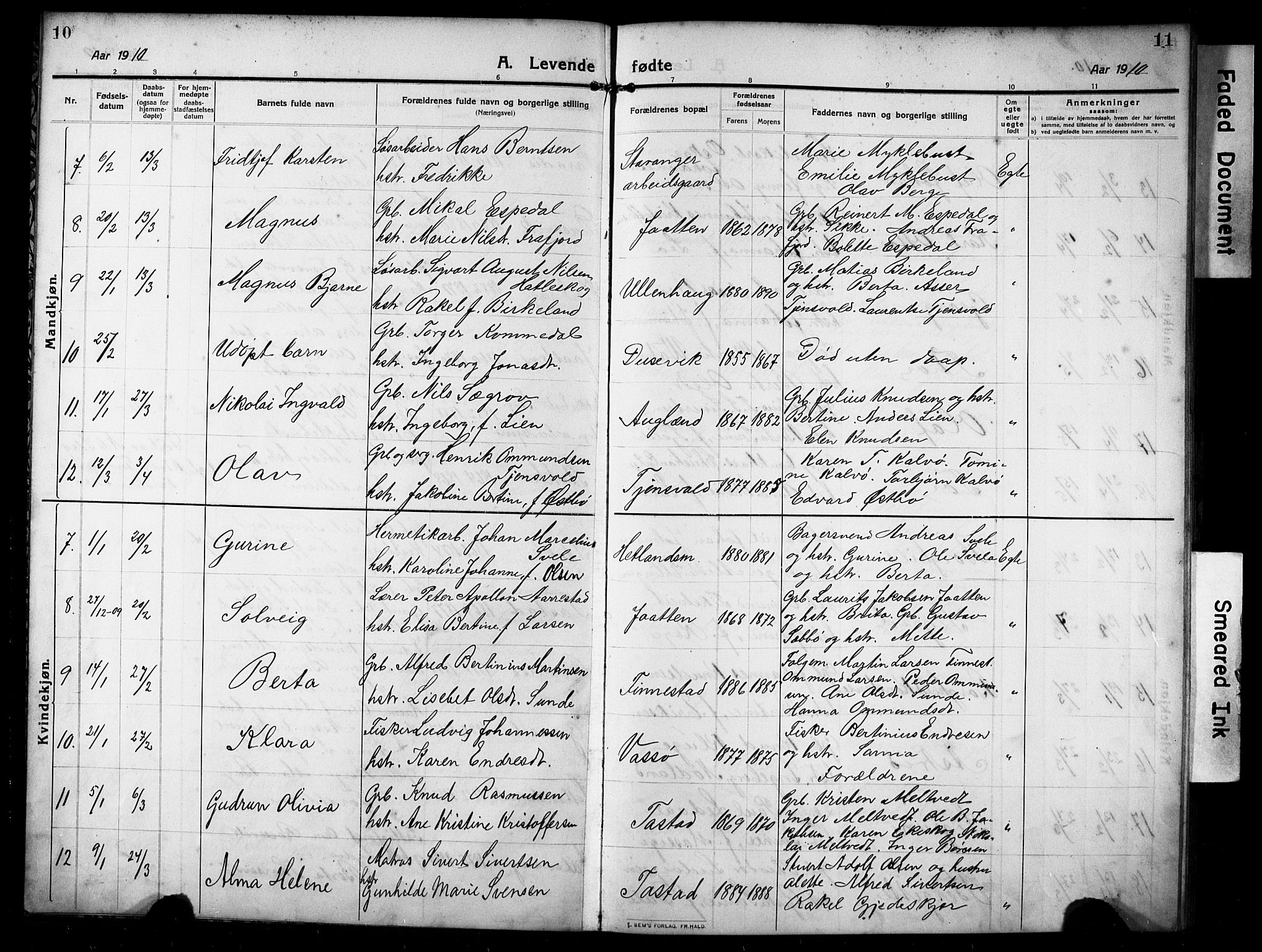 Hetland sokneprestkontor, SAST/A-101826/30/30BB/L0008: Parish register (copy) no. B 8, 1910-1921, p. 10-11