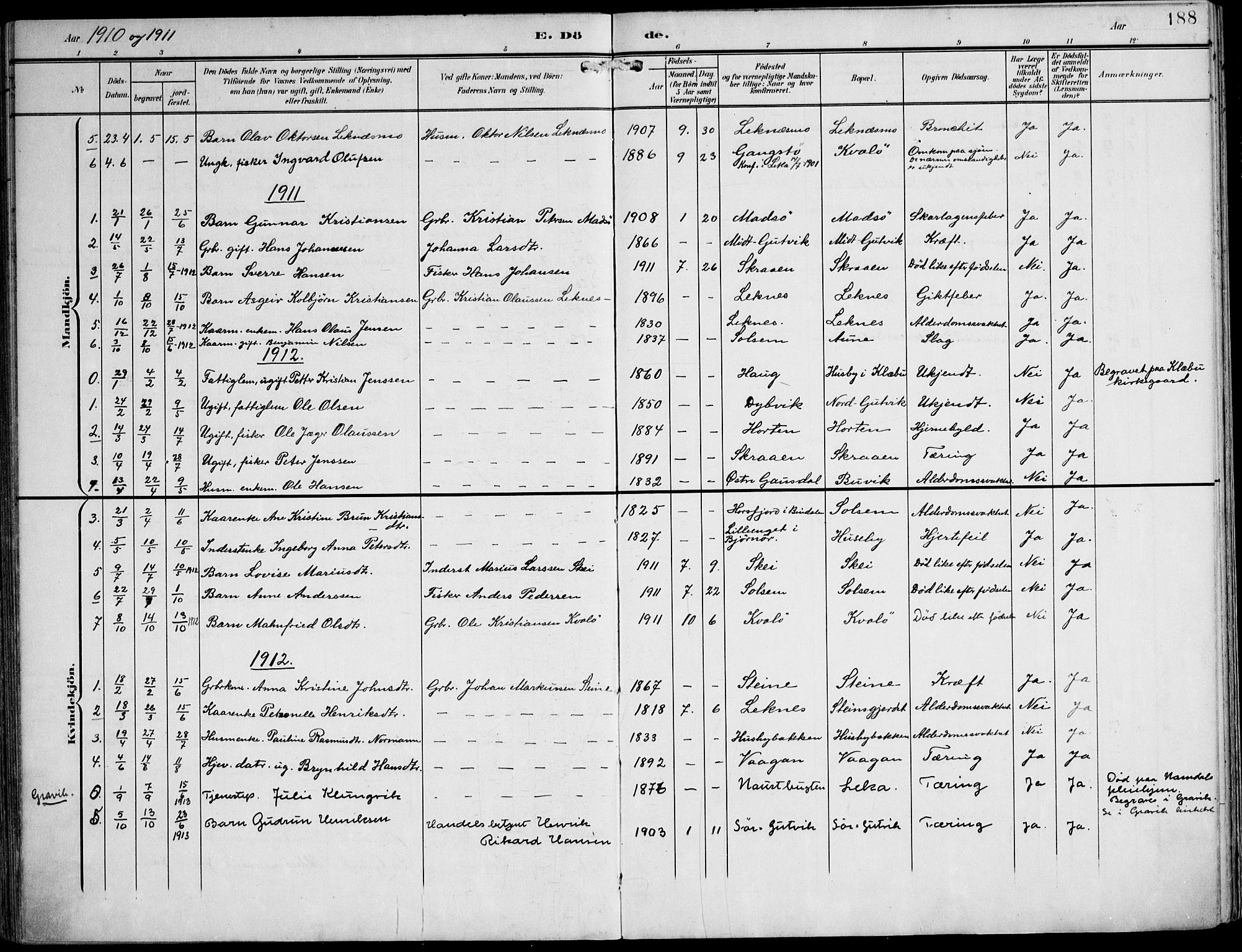 Ministerialprotokoller, klokkerbøker og fødselsregistre - Nord-Trøndelag, AV/SAT-A-1458/788/L0698: Parish register (official) no. 788A05, 1902-1921, p. 188